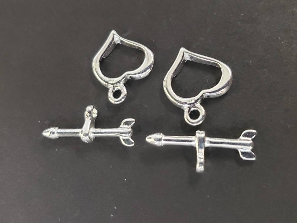 925 Sterling Silver heart shape shiny toggle clasp, 13mm heart and 29mm bar, jewelry making clasp, 925 stamped, 1 set or bulk