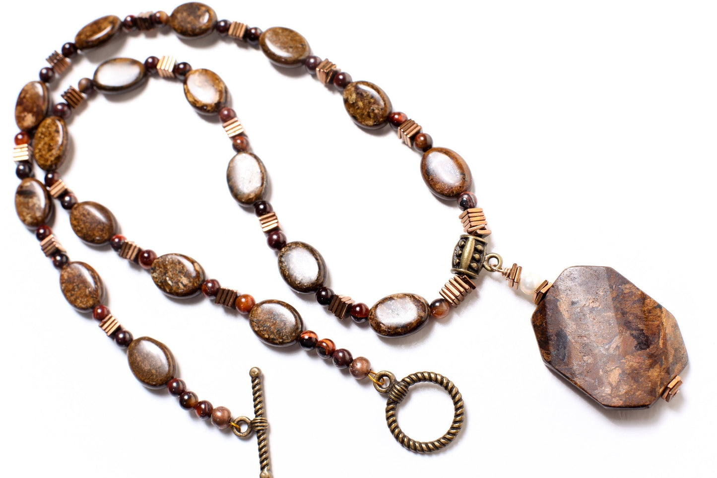 Bronzite 25x33mm Twisted Pendant, 10x14mm Bronzite Oval, Red Tiger Eye &Hematite Spacer, Antique Bronze Clasp, Men, Women 21" Necklace,Rare