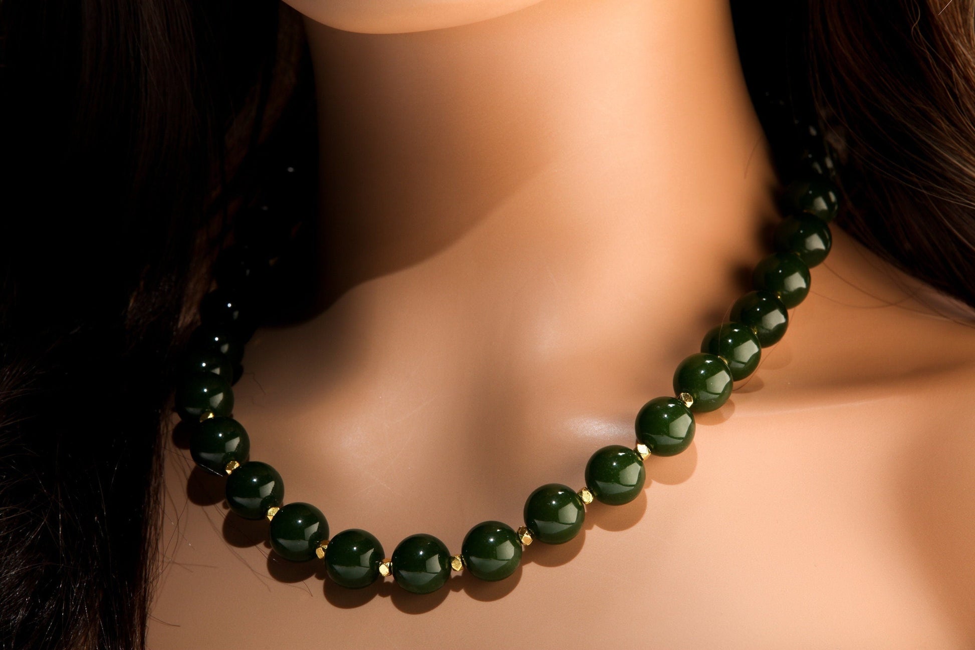 Canadian Nephrite Jade 12mm 18”Gold Necklace with 2” Extension Chain. High Quality Natural Jade smooth polished Bead. Gift for Mom