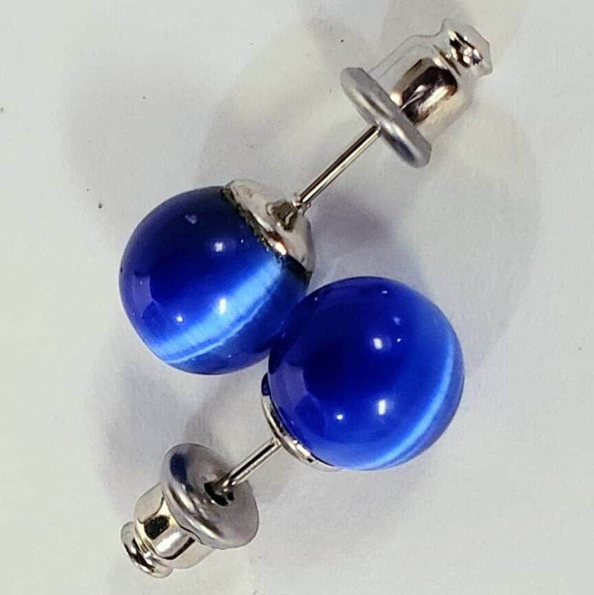 Cat&#39;s eye stud earring post 8mm round , earring gift royal blue , green. Aqua blue. 1 pair