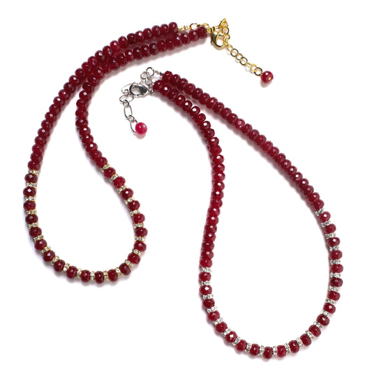 Ruby Jade Faceted Roundel with Rhinestone Spacers 18" Necklace with 2" Extension Chain, Choose Gold or Silver