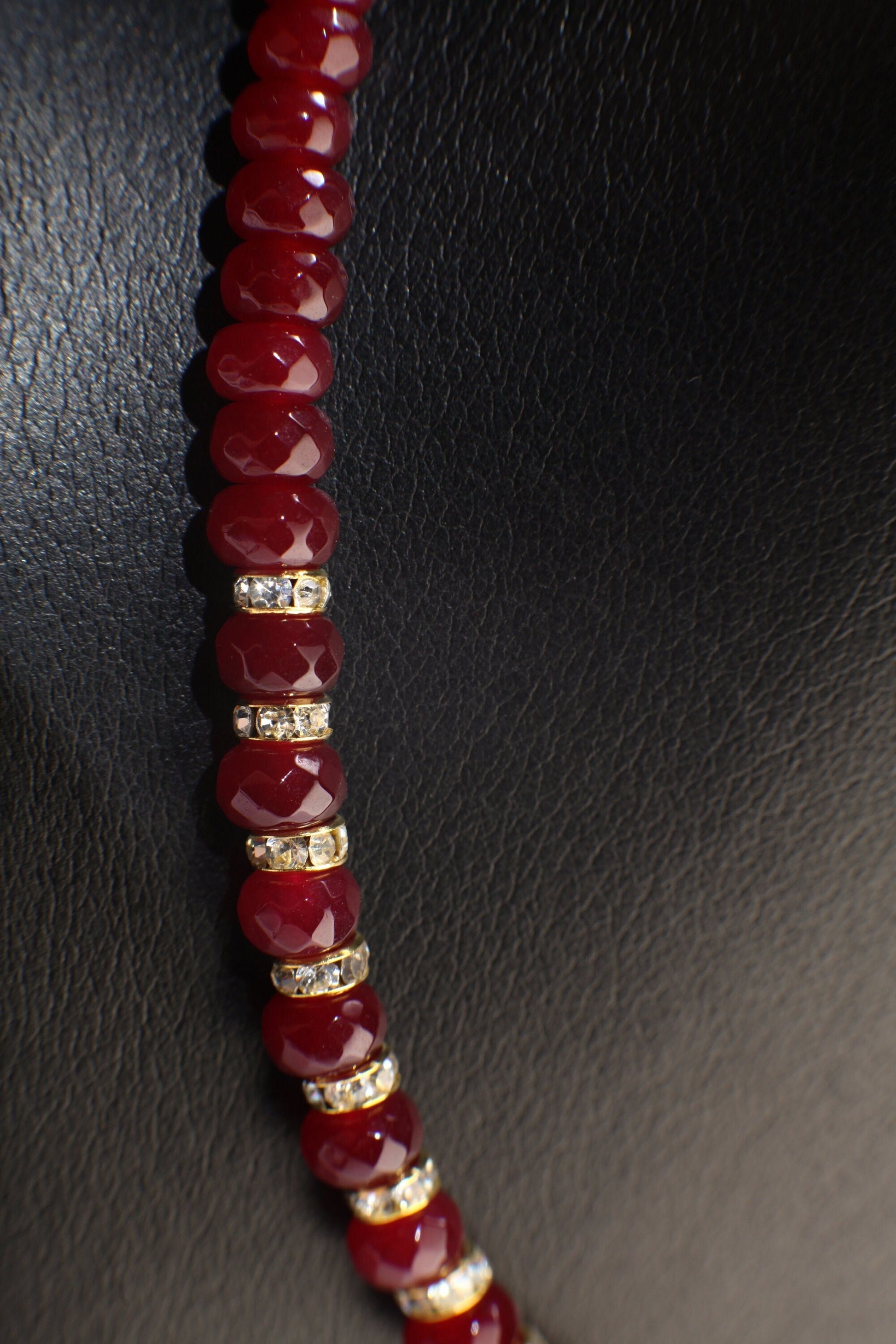 Ruby Jade Faceted Roundel with Rhinestone Spacers 18" Necklace with 2" Extension Chain, Choose Gold or Silver