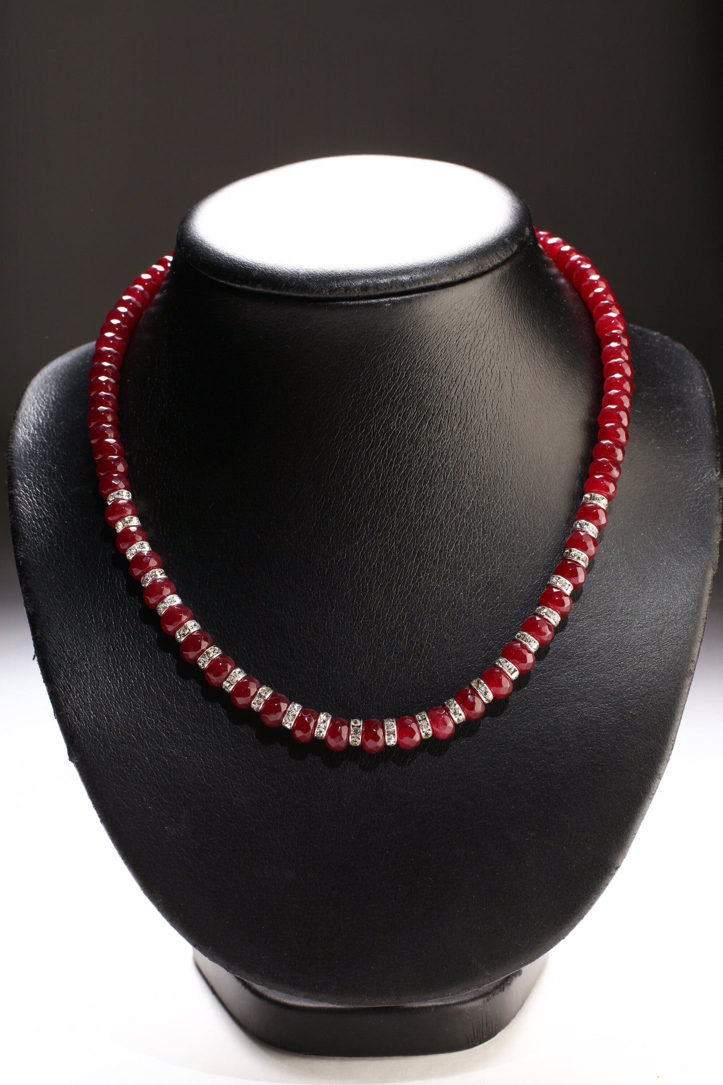 Ruby Jade Faceted Roundel with Rhinestone Spacers 18&quot; Necklace with 2&quot; Extension Chain, Choose Gold or Silver