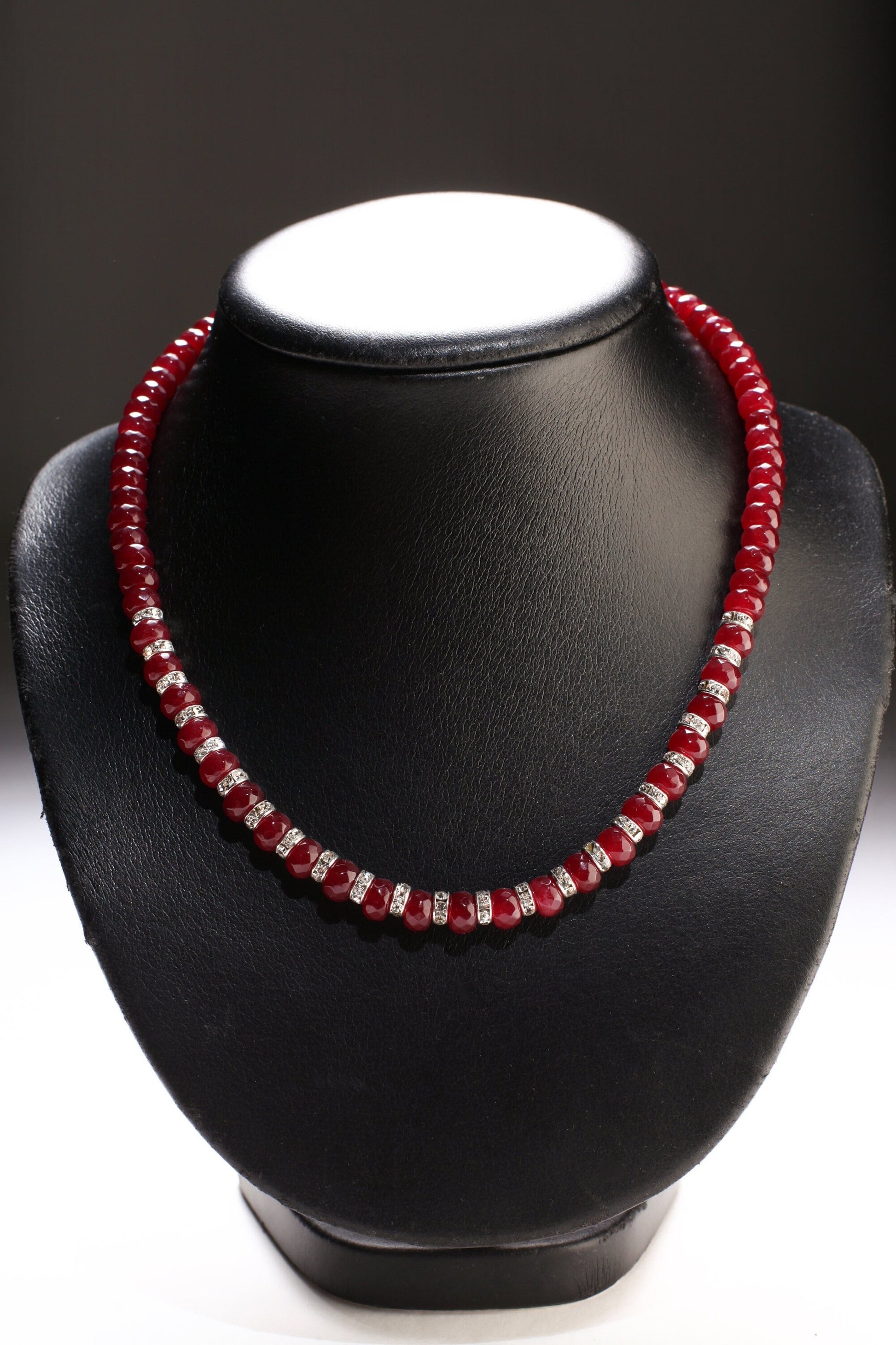 Ruby Jade Faceted Roundel with Rhinestone Spacers 18" Necklace with 2" Extension Chain, Choose Gold or Silver