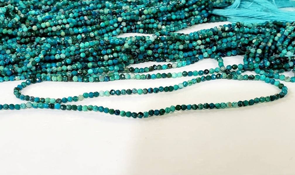 Natural Chrysocola 2mm Round Faceted Micro Diamond cut 12.5&quot; Strand, Beautiful blue green AAA Quality quality jewelry making beads.