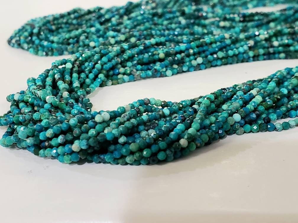 Natural Chrysocola 2mm Round Faceted Micro Diamond cut 12.5&quot; Strand, Beautiful blue green AAA Quality quality jewelry making beads.