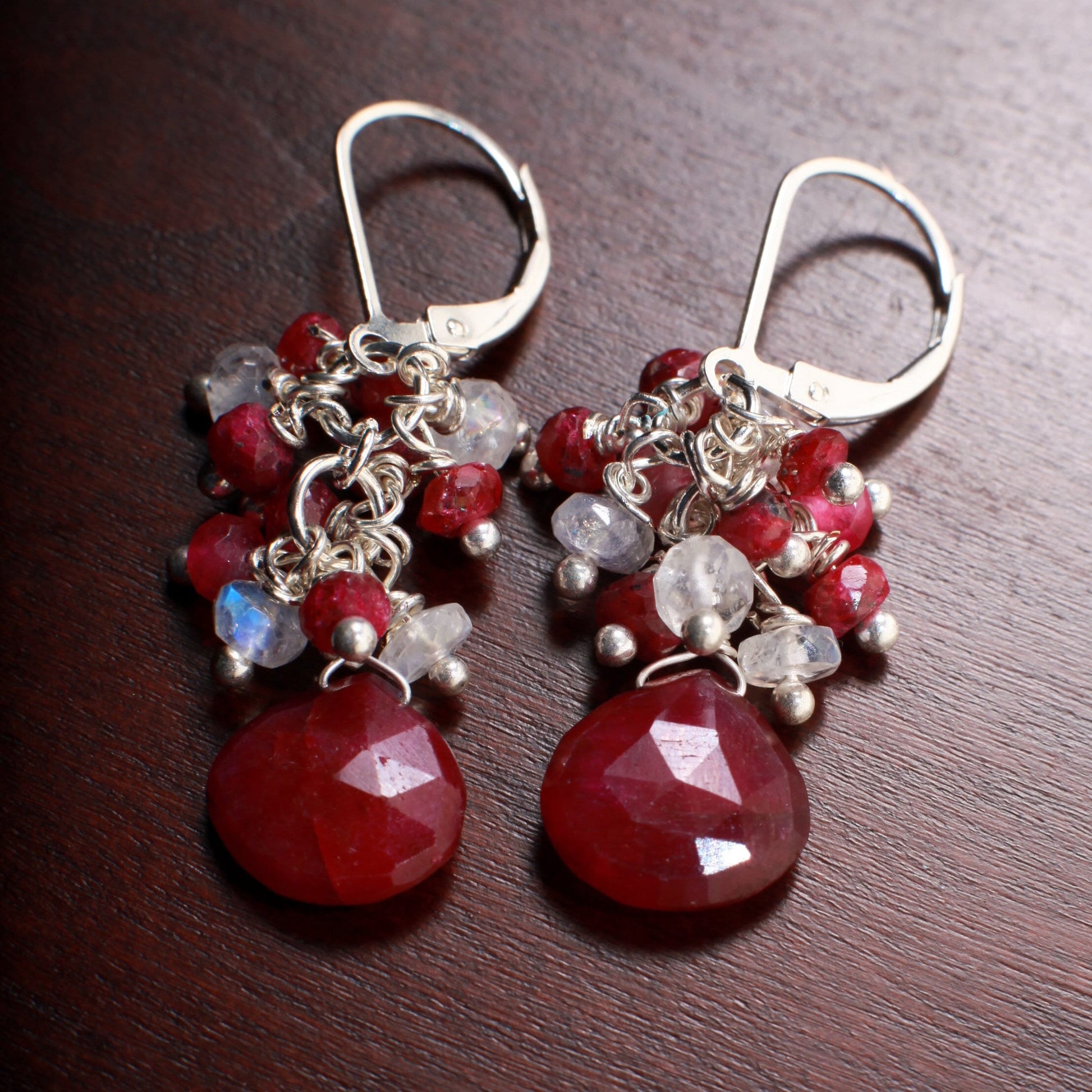 Genuine Ruby Heart Briolette Teardrop, Genuine Ruby and Moonstone Clusters in .925 Sterling Silver Leverback Earrings, Gemstone Jewelry Gift