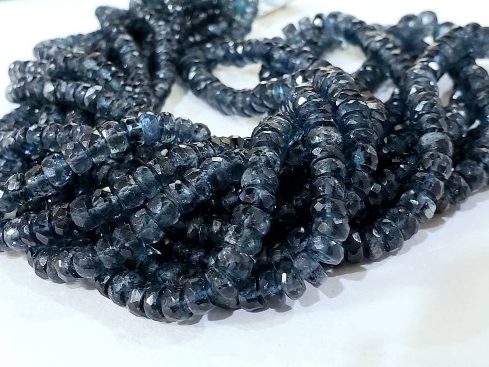 Natural Indigo Kyanite Rondelle Rare large size Faceted 4-7mm Graduated Roundel, Midnight Blue color Gemstone 8" and 16" strand,