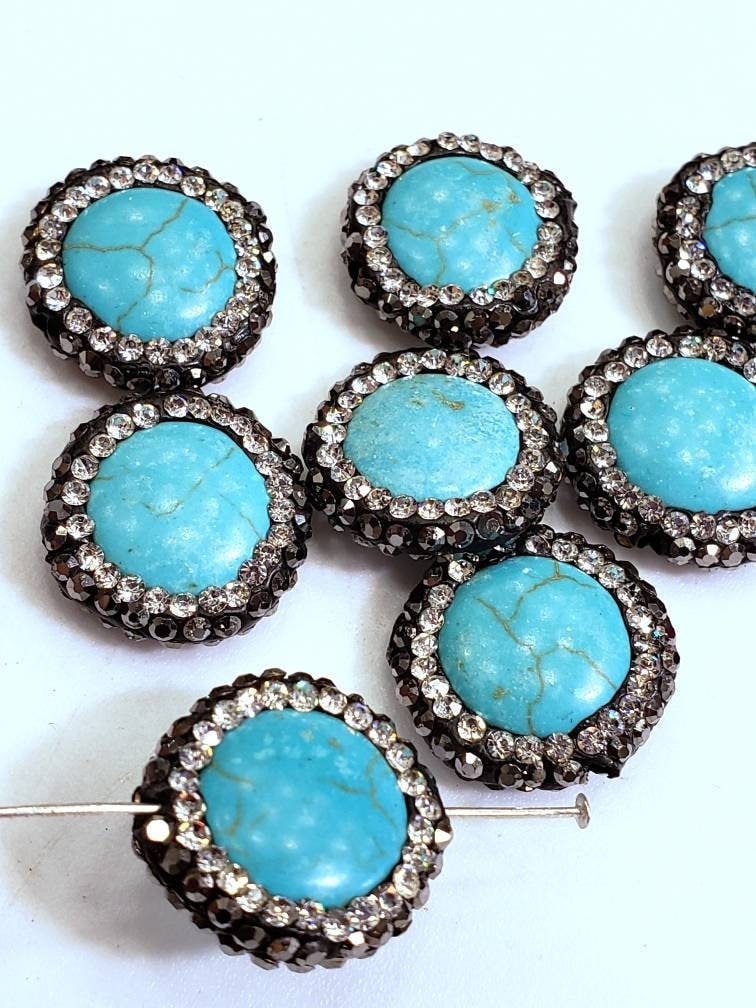 Turquoise rhinestone pave crystal black and silver line bead, center drilled , 17mm sparkly connector, spacer or focal bead.