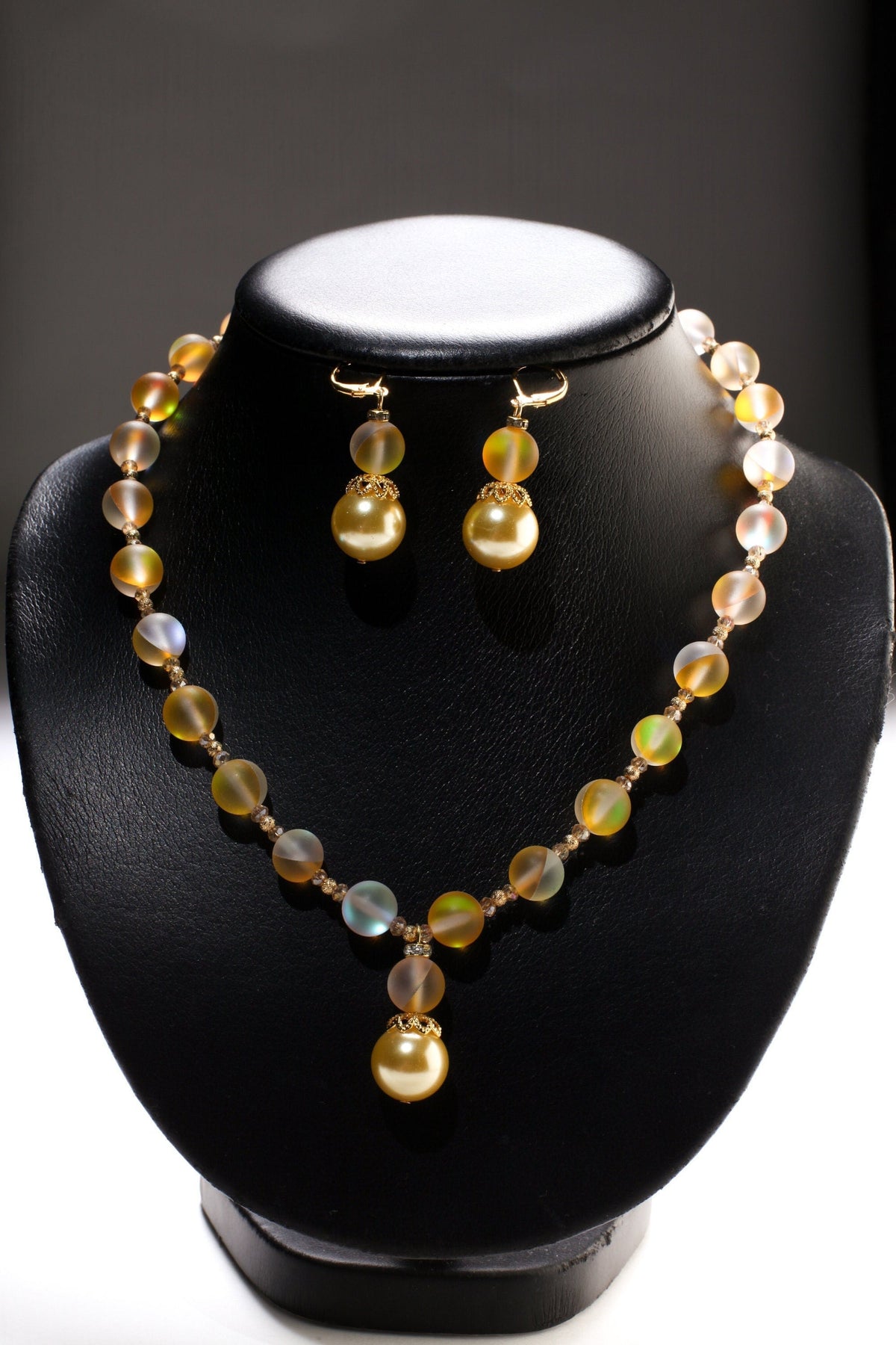 Matte Yellow Sea Glass,10mm Mermaid bead , 14mm South Sea Seashell Pearl pendant Necklace ,Matching Earrings Jewelry Set. 18" & 2" extender.