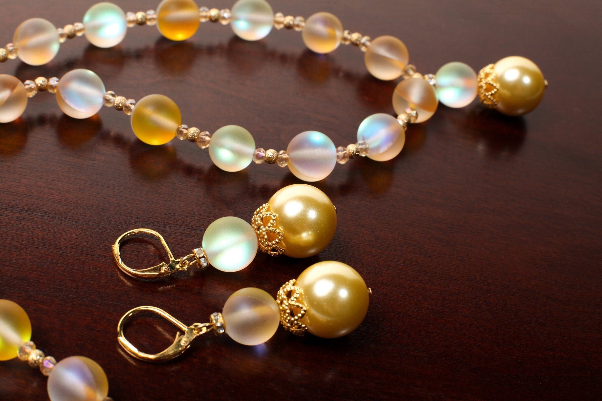 Matte Yellow Sea Glass,10mm Mermaid bead , 14mm South Sea Seashell Pearl pendant Necklace ,Matching Earrings Jewelry Set. 18&quot; & 2&quot; extender.