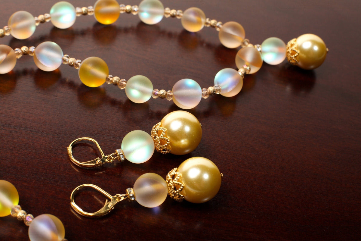 Matte Yellow Sea Glass,10mm Mermaid bead , 14mm South Sea Seashell Pearl pendant Necklace ,Matching Earrings Jewelry Set. 18" & 2" extender.