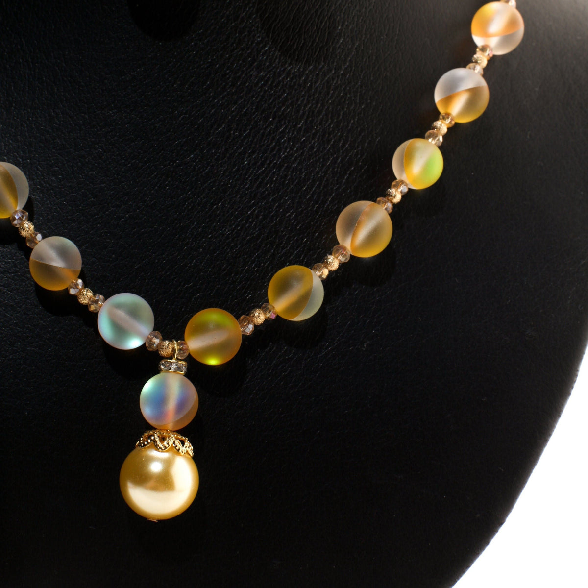 Matte Yellow Sea Glass,10mm Mermaid bead , 14mm South Sea Seashell Pearl pendant Necklace ,Matching Earrings Jewelry Set. 18" & 2" extender.