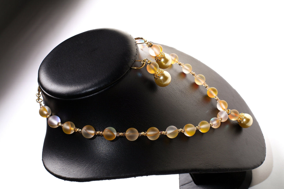 Matte Yellow Sea Glass,10mm Mermaid bead , 14mm South Sea Seashell Pearl pendant Necklace ,Matching Earrings Jewelry Set. 18" & 2" extender.