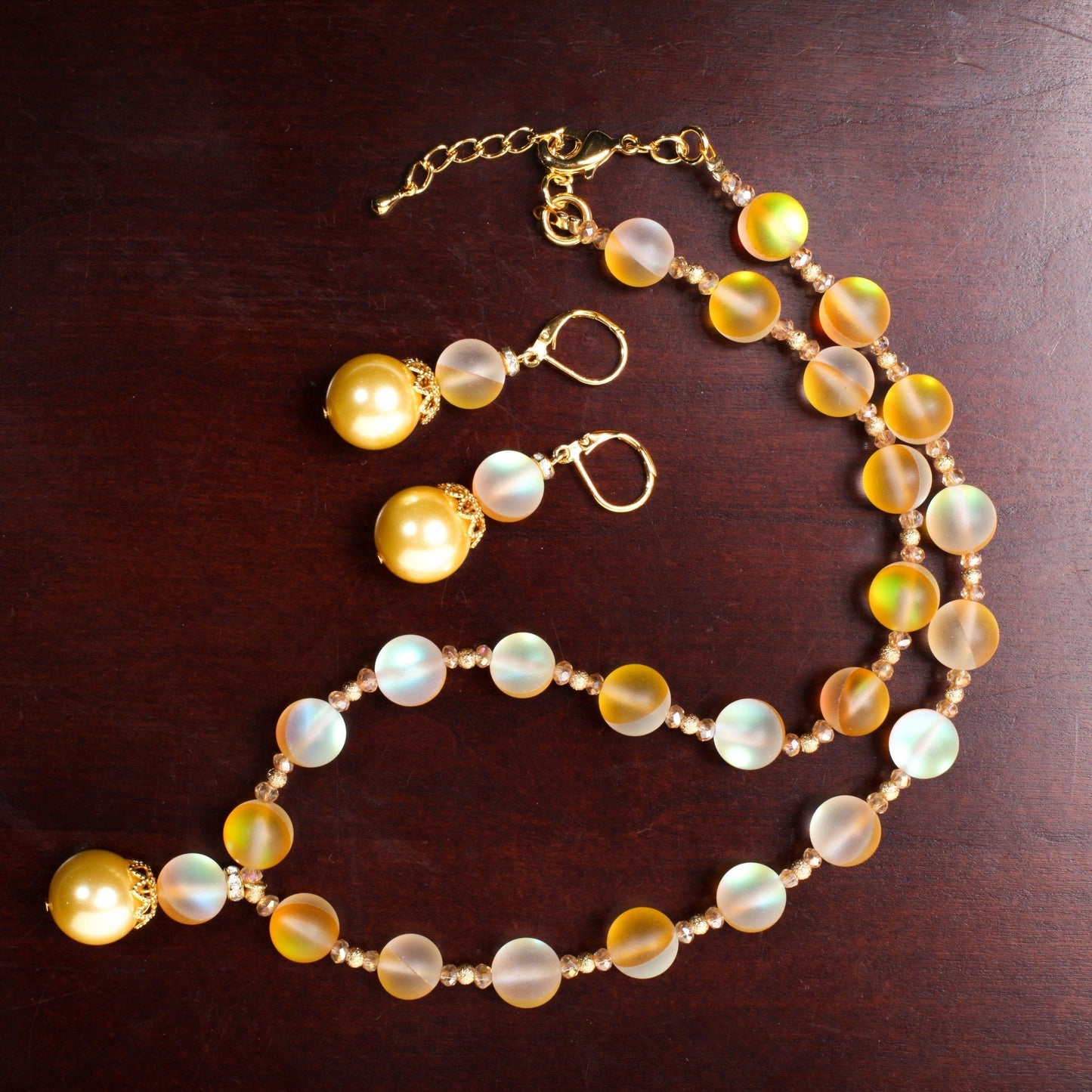 Matte Yellow Sea Glass,10mm Mermaid bead , 14mm South Sea Seashell Pearl pendant Necklace ,Matching Earrings Jewelry Set. 18" & 2" extender.