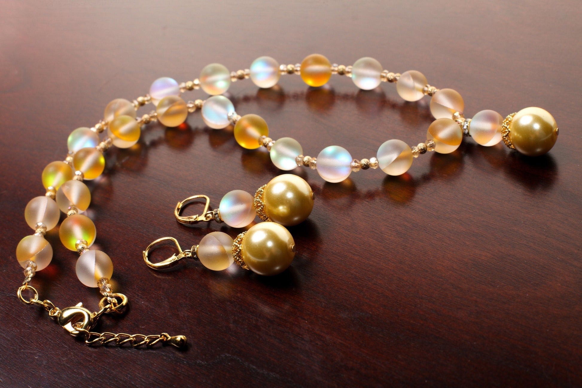 Matte Yellow Sea Glass,10mm Mermaid bead , 14mm South Sea Seashell Pearl pendant Necklace ,Matching Earrings Jewelry Set. 18&quot; & 2&quot; extender.