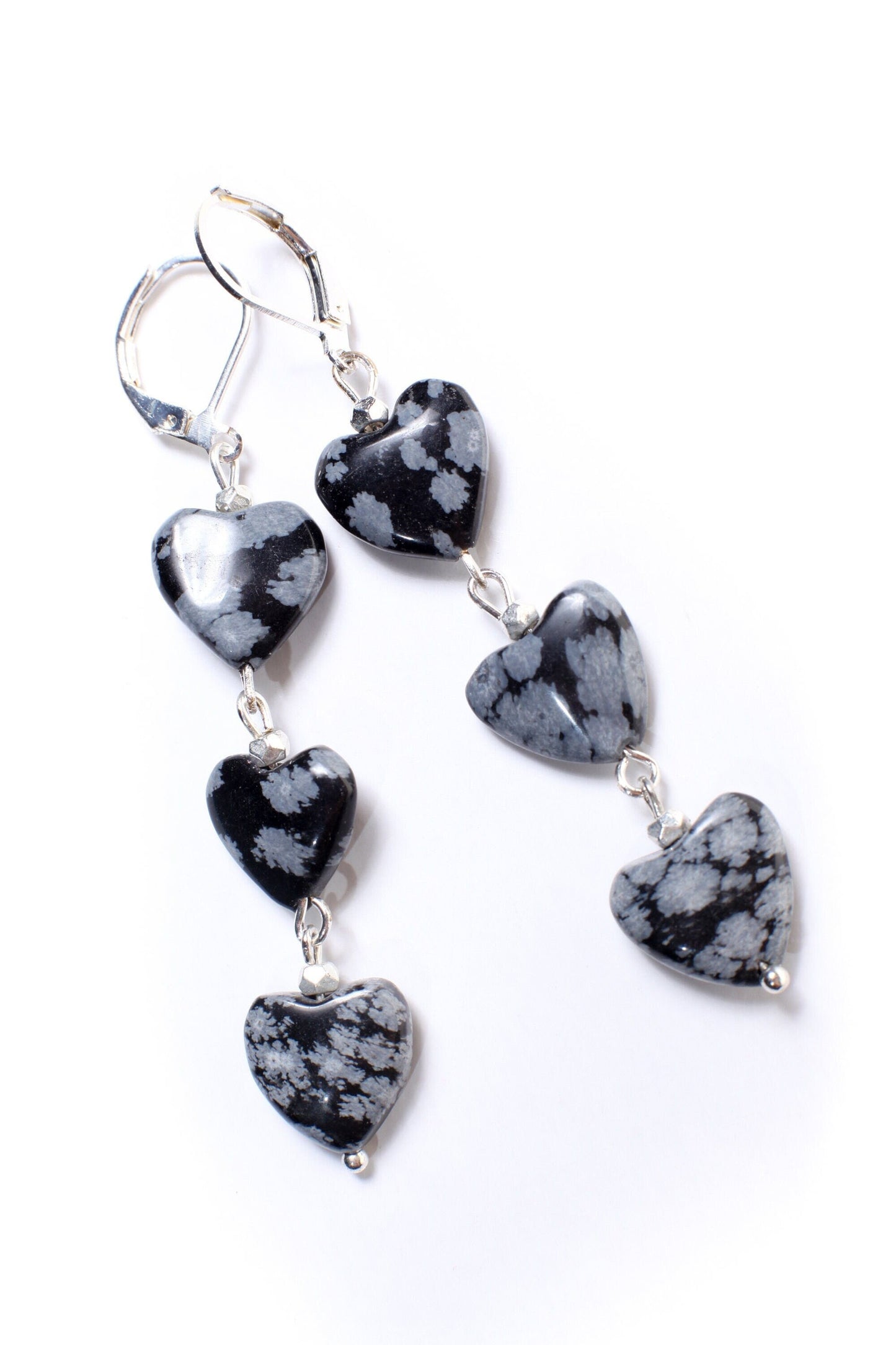 Snow Flake Obsidian 12mm Heart, Dangling 3 Hearts, Silver Leverback Earrings, Vintage Natural Gemstone Handmade Gift For Her