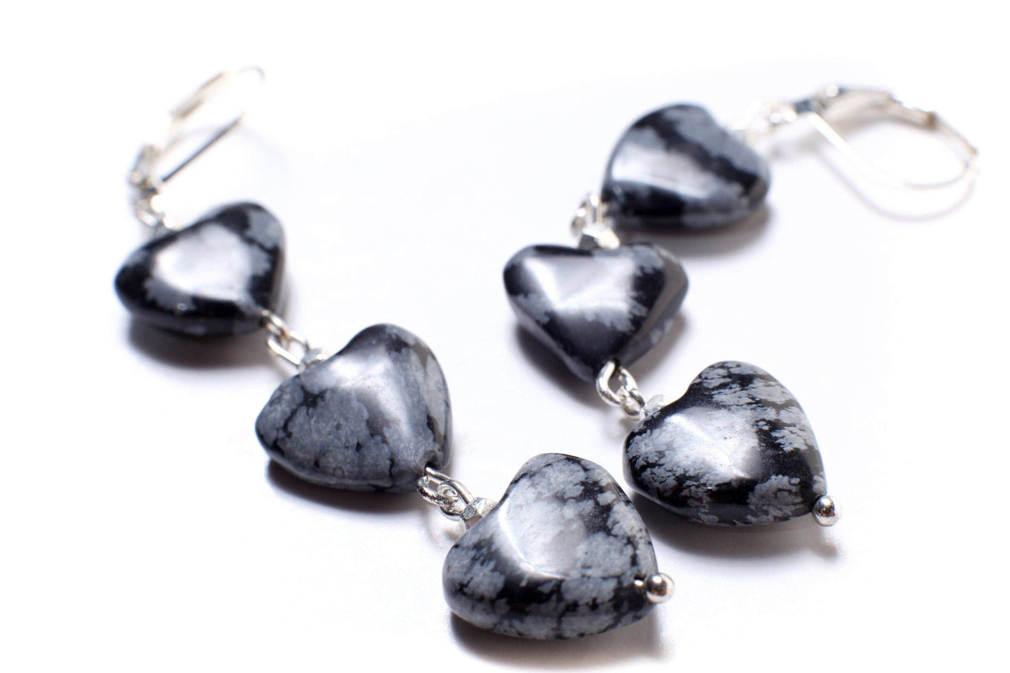 Snow Flake Obsidian 12mm Heart, Dangling 3 Hearts, Silver Leverback Earrings, Vintage Natural Gemstone Handmade Gift For Her
