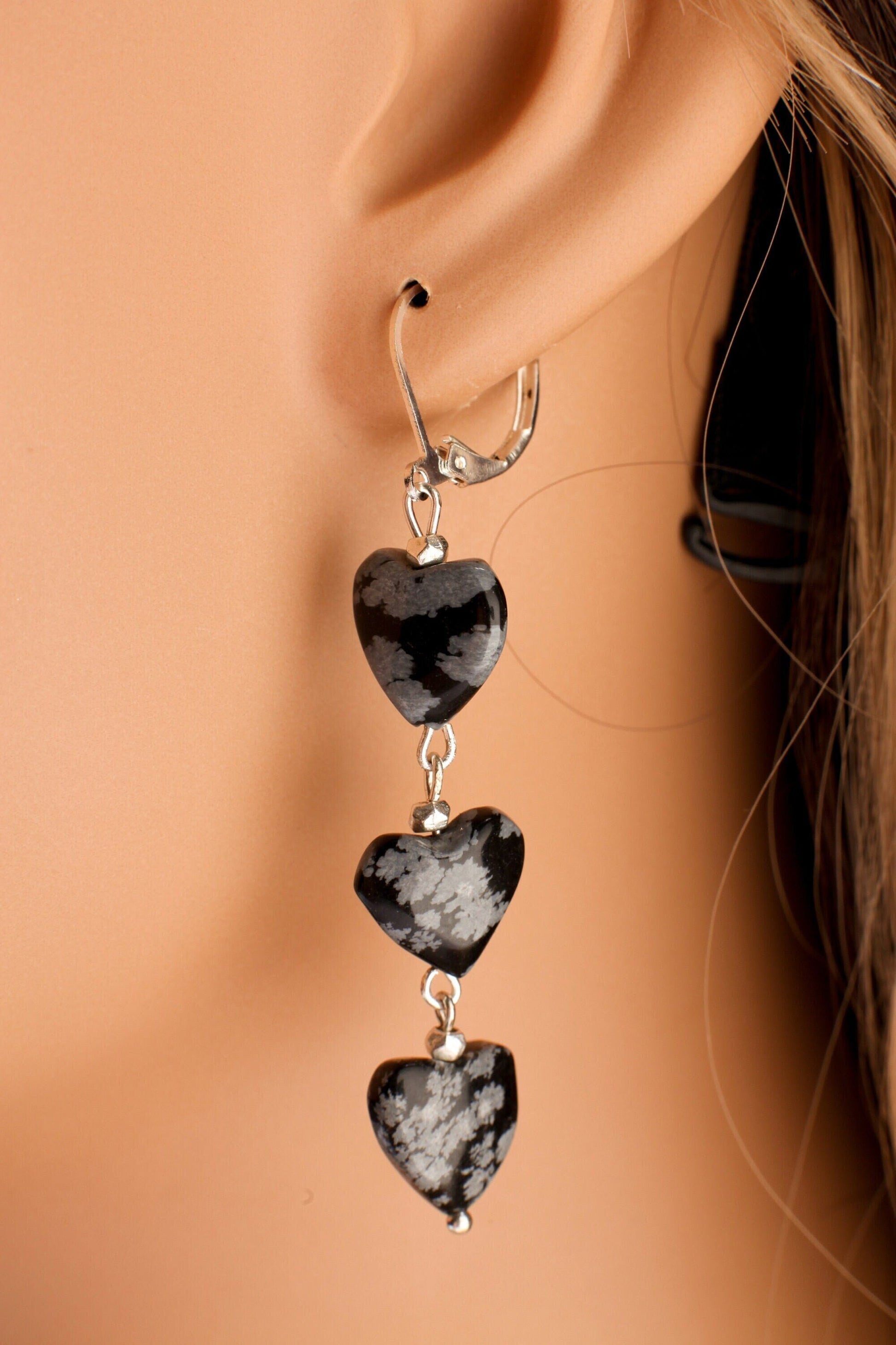 Snow Flake Obsidian 12mm Heart, Dangling 3 Hearts, Silver Leverback Earrings, Vintage Natural Gemstone Handmade Gift For Her