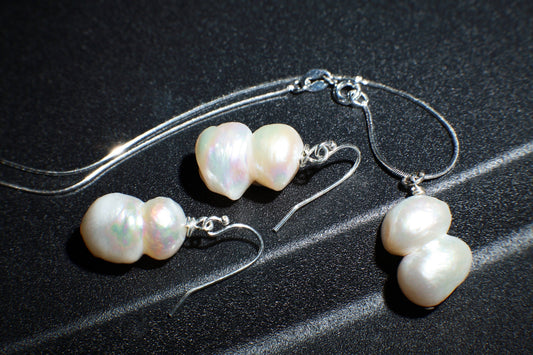 Freshwater Baroque Pearl Earrings Necklace Set,19mm Baroque Pearl fig8 , 925 Italian Sterling Silver Necklace & Earwire Beachwear Set