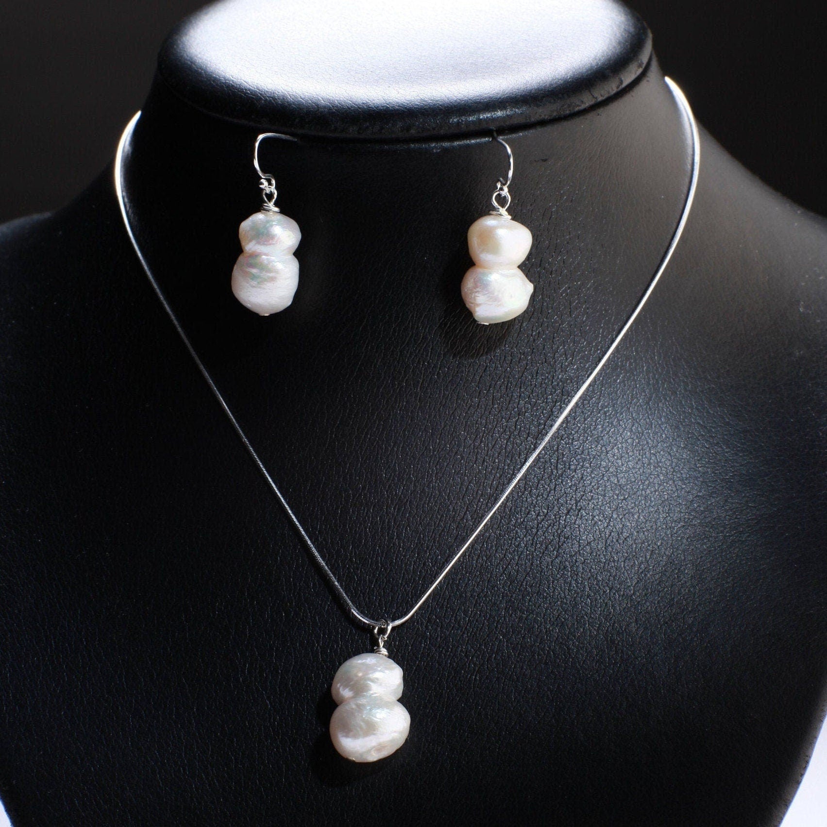 Freshwater Baroque Pearl Earrings Necklace Set,19mm Baroque Pearl fig8 , 925 Italian Sterling Silver Necklace & Earwire Beachwear Set