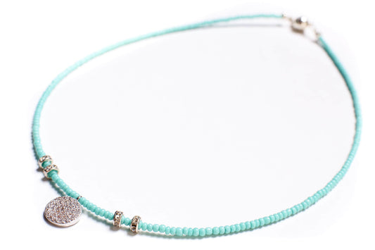 Turquoise blue Aqua quartz with CZ disc pendant , Magnetic Ball Clasp Choker 14&quot; only