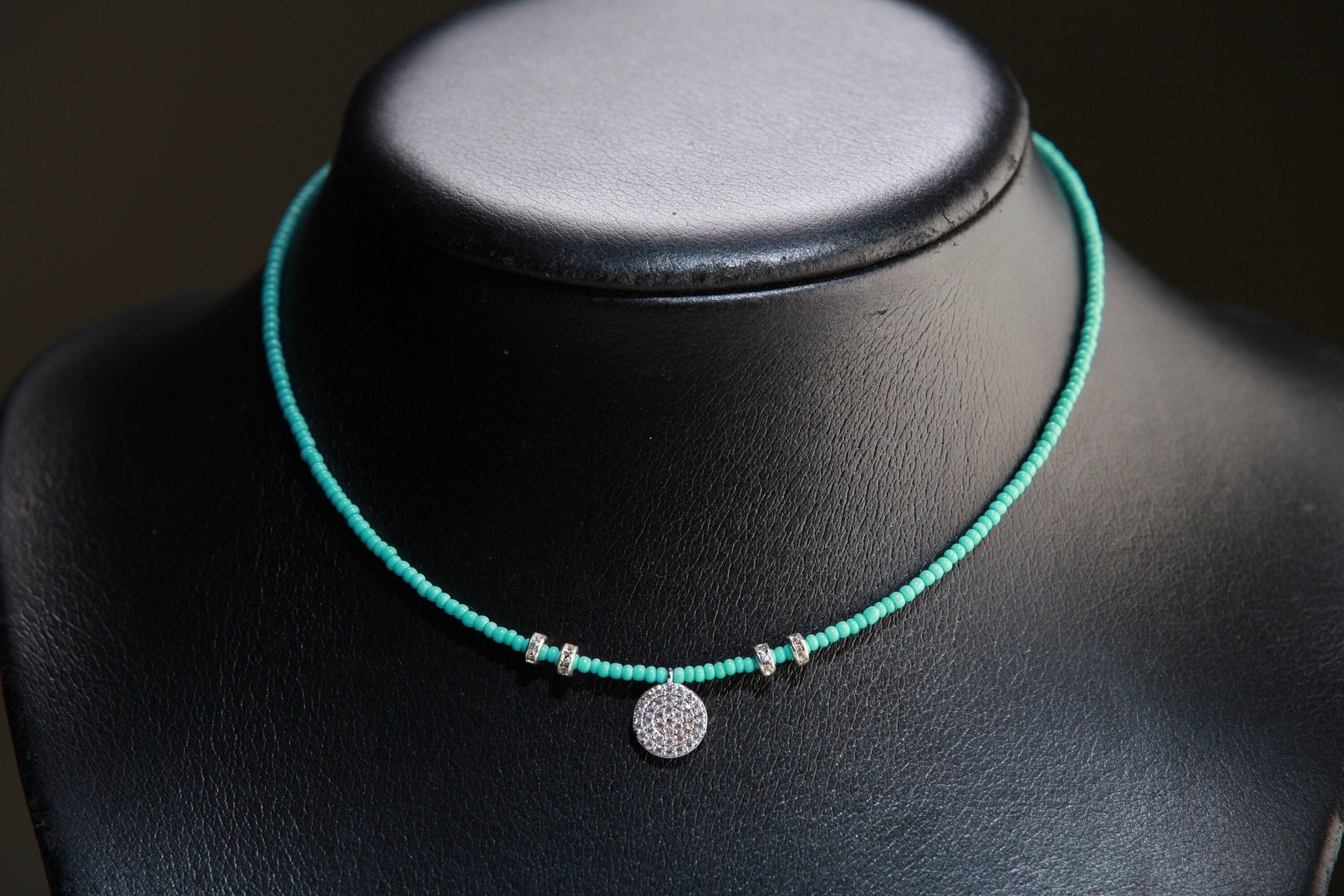 Turquoise blue Aqua quartz with CZ disc pendant , Magnetic Ball Clasp Choker 14&quot; only