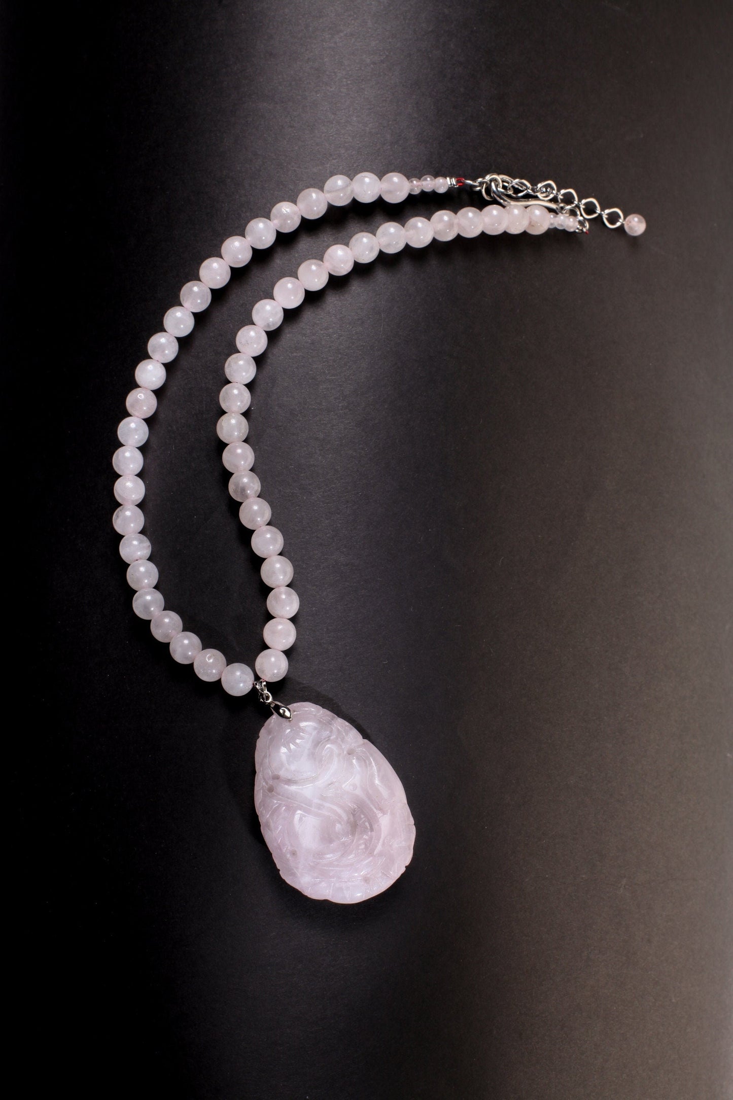 Rose Quartz Necklace, Natural Madagascar Rose Quartz 37x53mm hand Carved Vintage Double Sided Peach Blossom Pendant 19" plus 2"Extention .