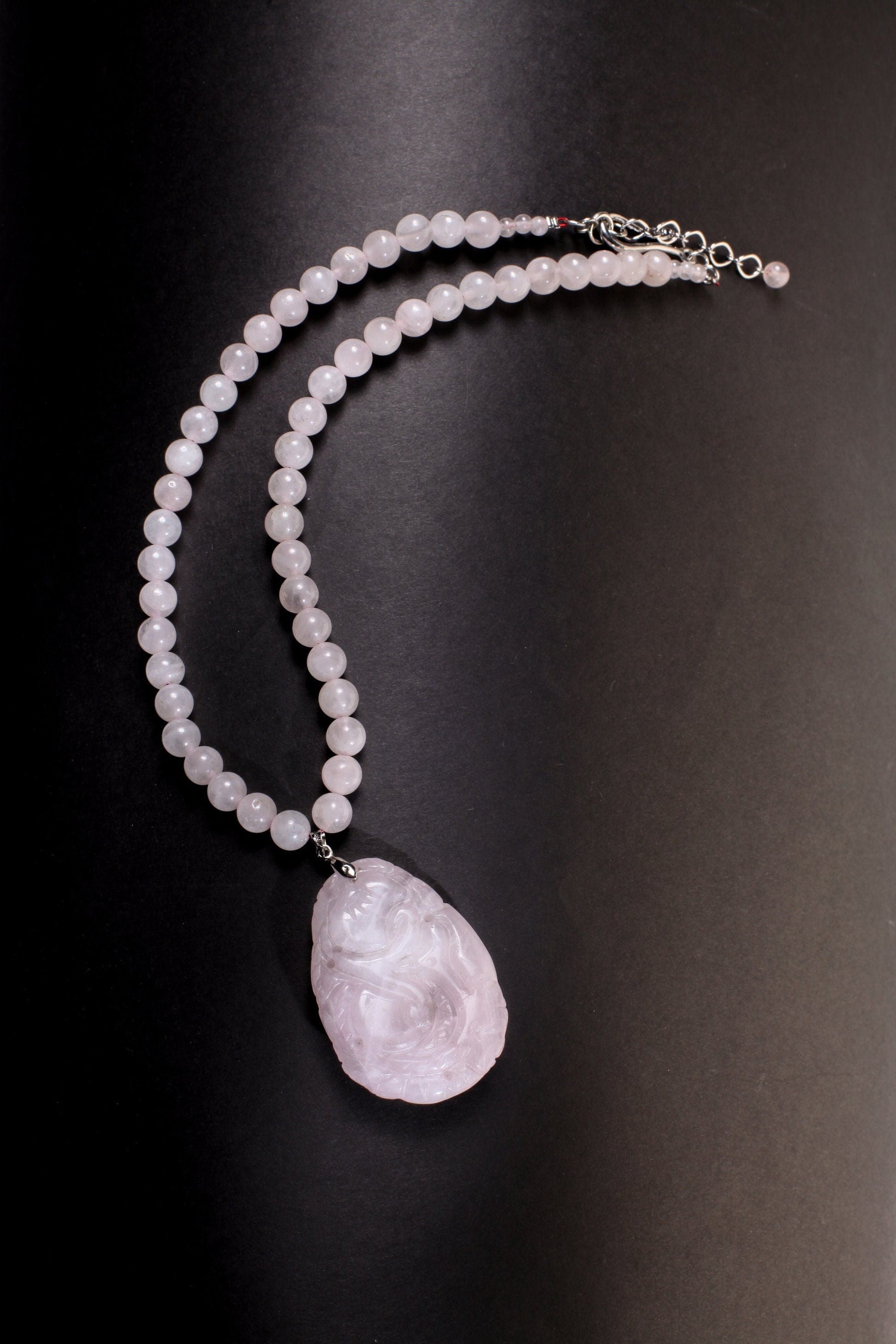 Rose Quartz Necklace, Natural Madagascar Rose Quartz 37x53mm hand Carved Vintage Double Sided Peach Blossom Pendant 19" plus 2"Extention .