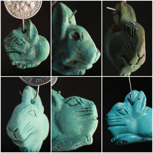 Natural Turquoise Hand Crafted Rabbit Pendant, Top Drilled Miniature Animals Collectible Figurines Vintage Sculpture, Old Stock