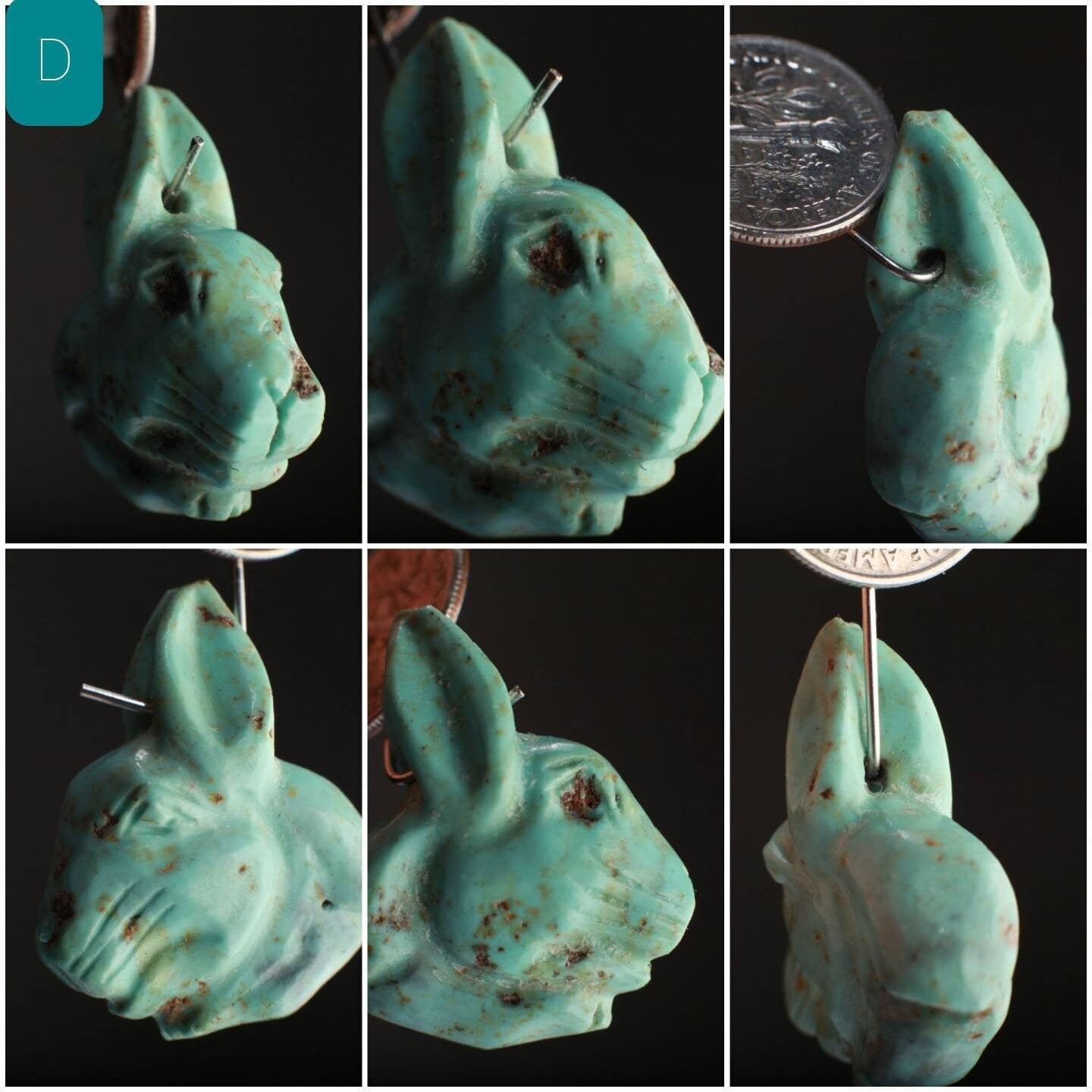 Natural Turquoise Hand Crafted Rabbit Pendant, Top Drilled Miniature Animals Collectible Figurines Vintage Sculpture, Old Stock