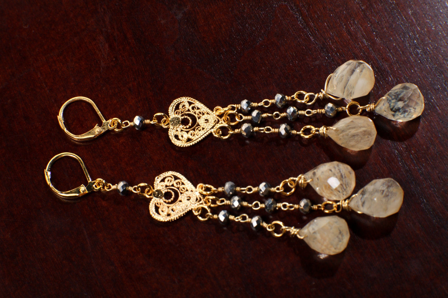 Gold Rutilated Quartz, Pyrite Filigree Chandelier Heart, Dangling Faceted Briolette Teardrop Gold heart Leverback Earrings, Handmade Gift