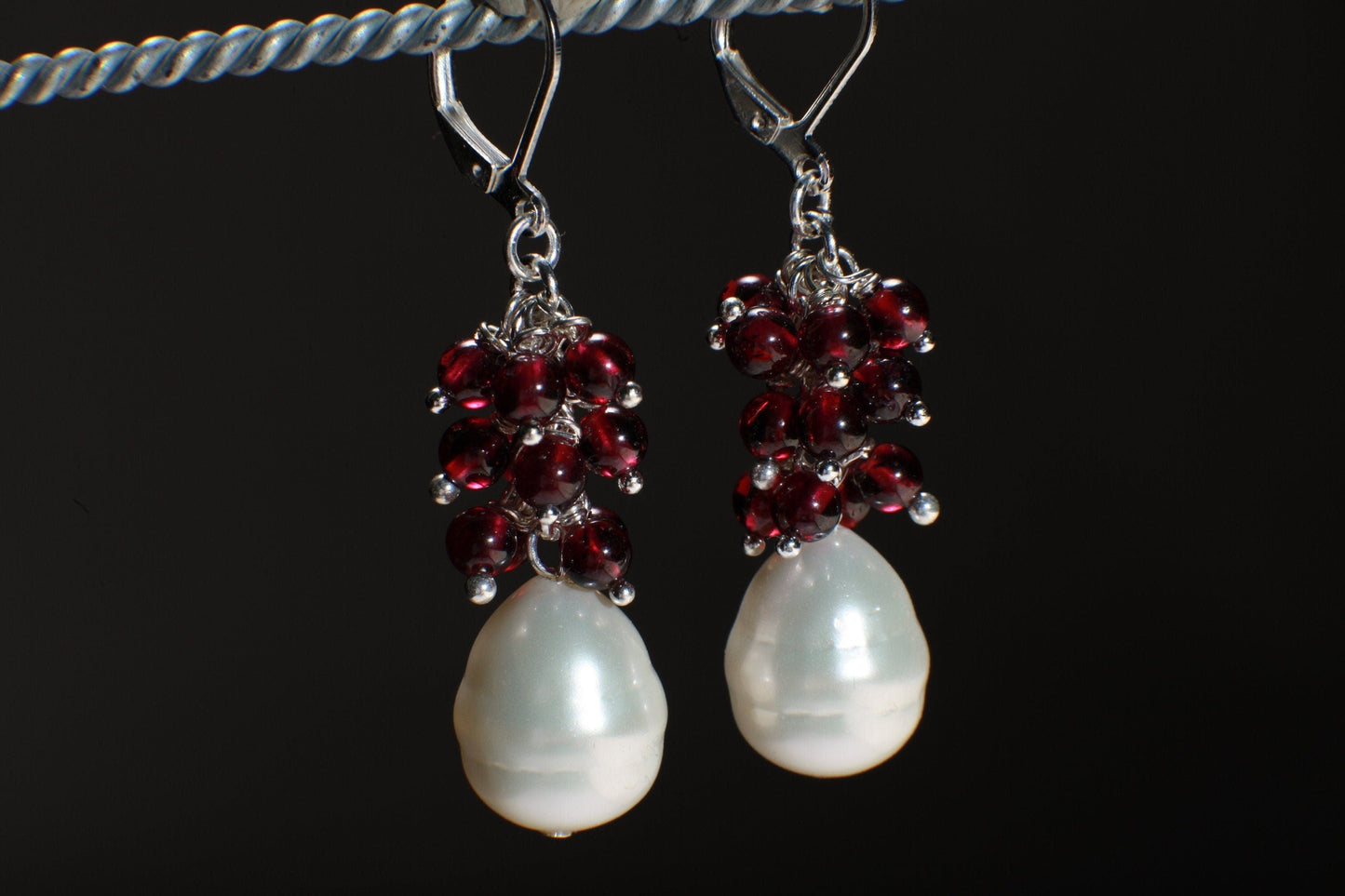 Genuine Garnet Cluster Wire Wrapped Dangling with South Seashell Baroque Pearl 925 sterling Leverback Earwire, Bridal, Boho, Gift for Her