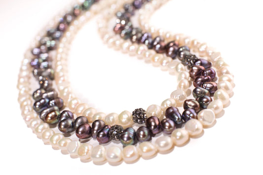 Natural Freshwater Pearl 3 Layer Bib Necklace, White Button Pearl 6mm ,Freshwater Grey Side Drilled Pearl,CZ ball,17&quot; + 3&quot; Rhodium Extender.