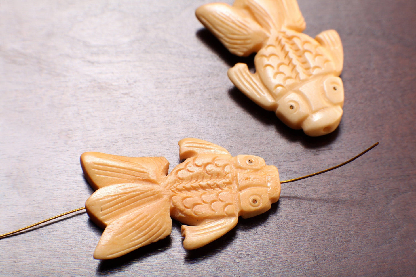 Carved Buffalo Bone Gold Fish, 25x38mm Hand Crafted Double Sided Animal Figurine Drilled Bead, Art Deco