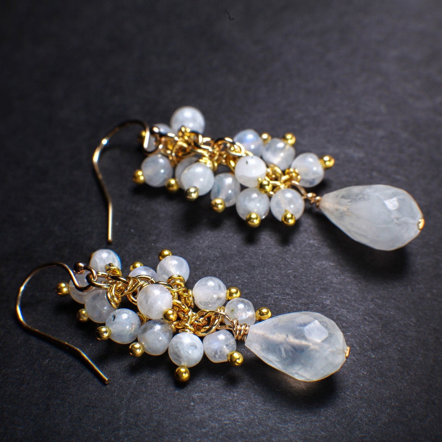 Moonstone Earring, Genuine Moonstone Clusters & Teardrop Wire Wrapped in 14K Gold Filled EarWire, June Birthstone,Bridal,White Earring, Gift