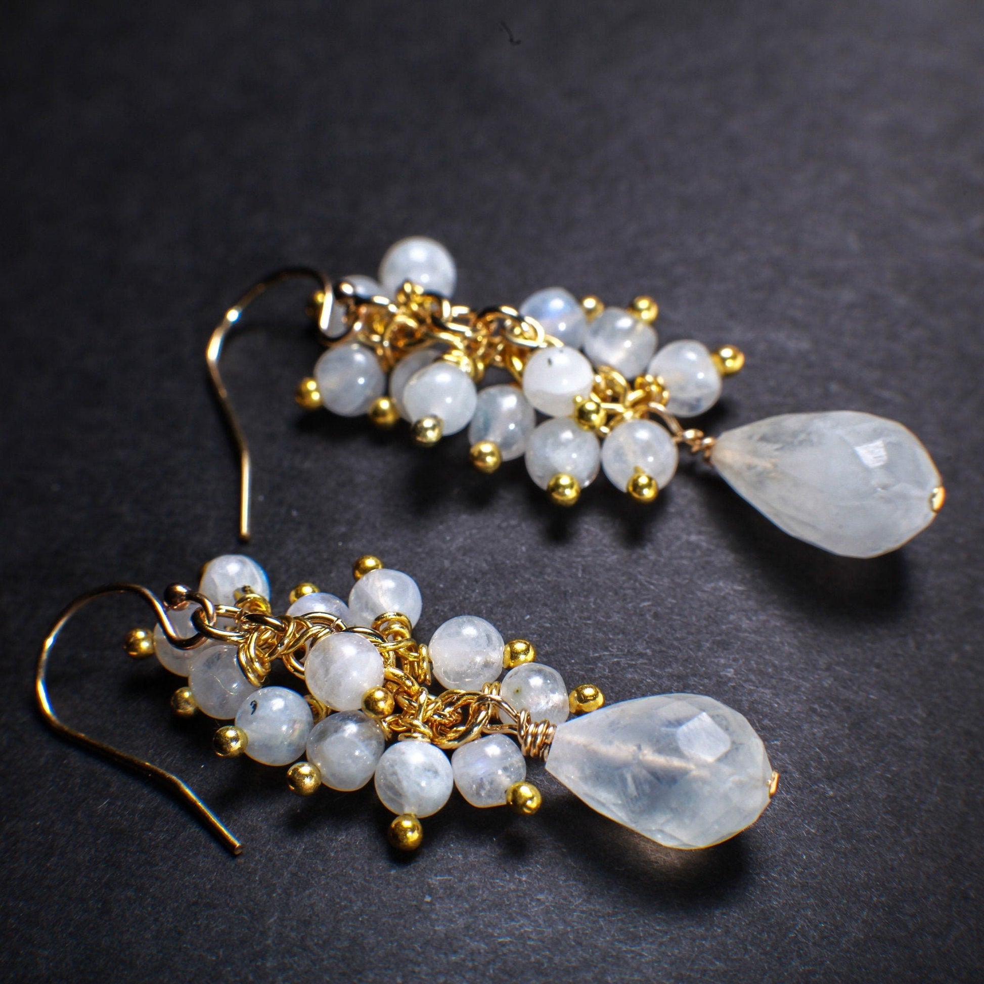 Moonstone Earring, Genuine Moonstone Clusters & Teardrop Wire Wrapped in 14K Gold Filled EarWire, June Birthstone,Bridal,White Earring, Gift
