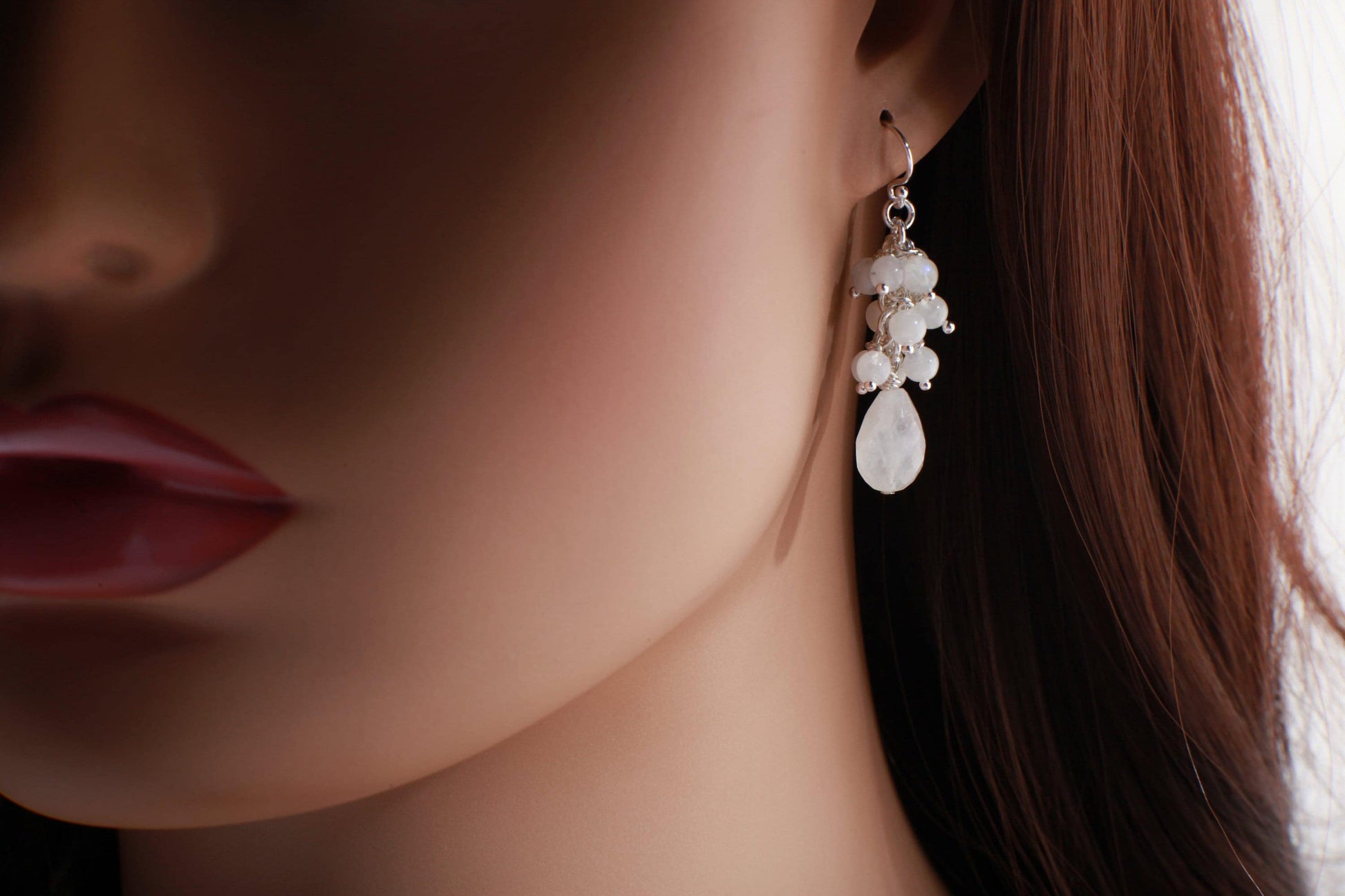 Moonstone Earrings Briolette Teardrop Accents with Moonstone Clusters in 925 Sterling Silver Ear Wire, Gemstone Stateme Earring Bridal Gift