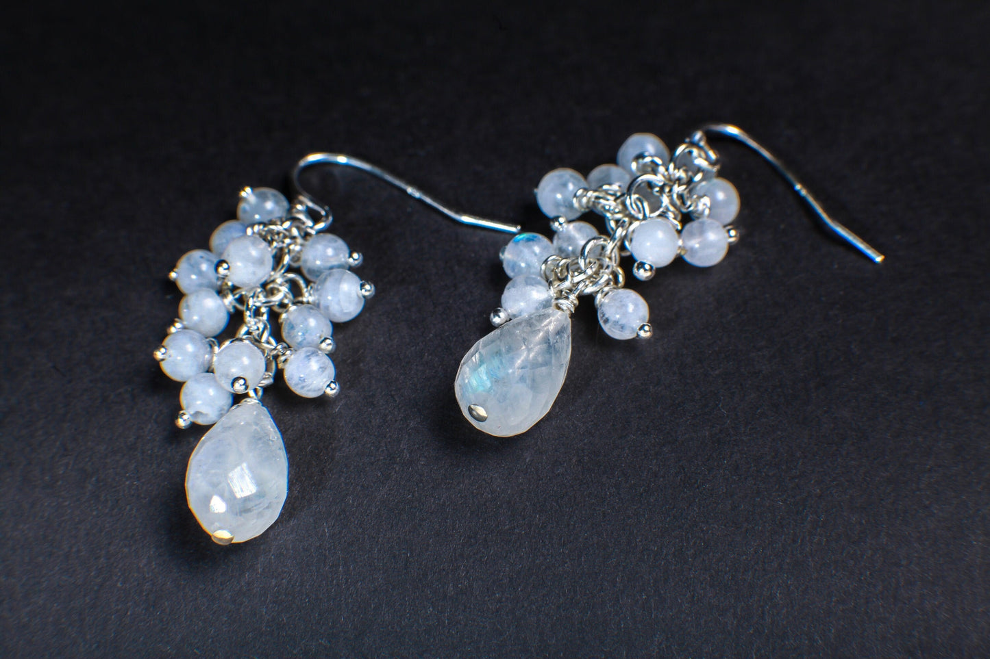 Moonstone Earrings Briolette Teardrop Accents with Moonstone Clusters in 925 Sterling Silver Ear Wire, Gemstone Stateme Earring Bridal Gift