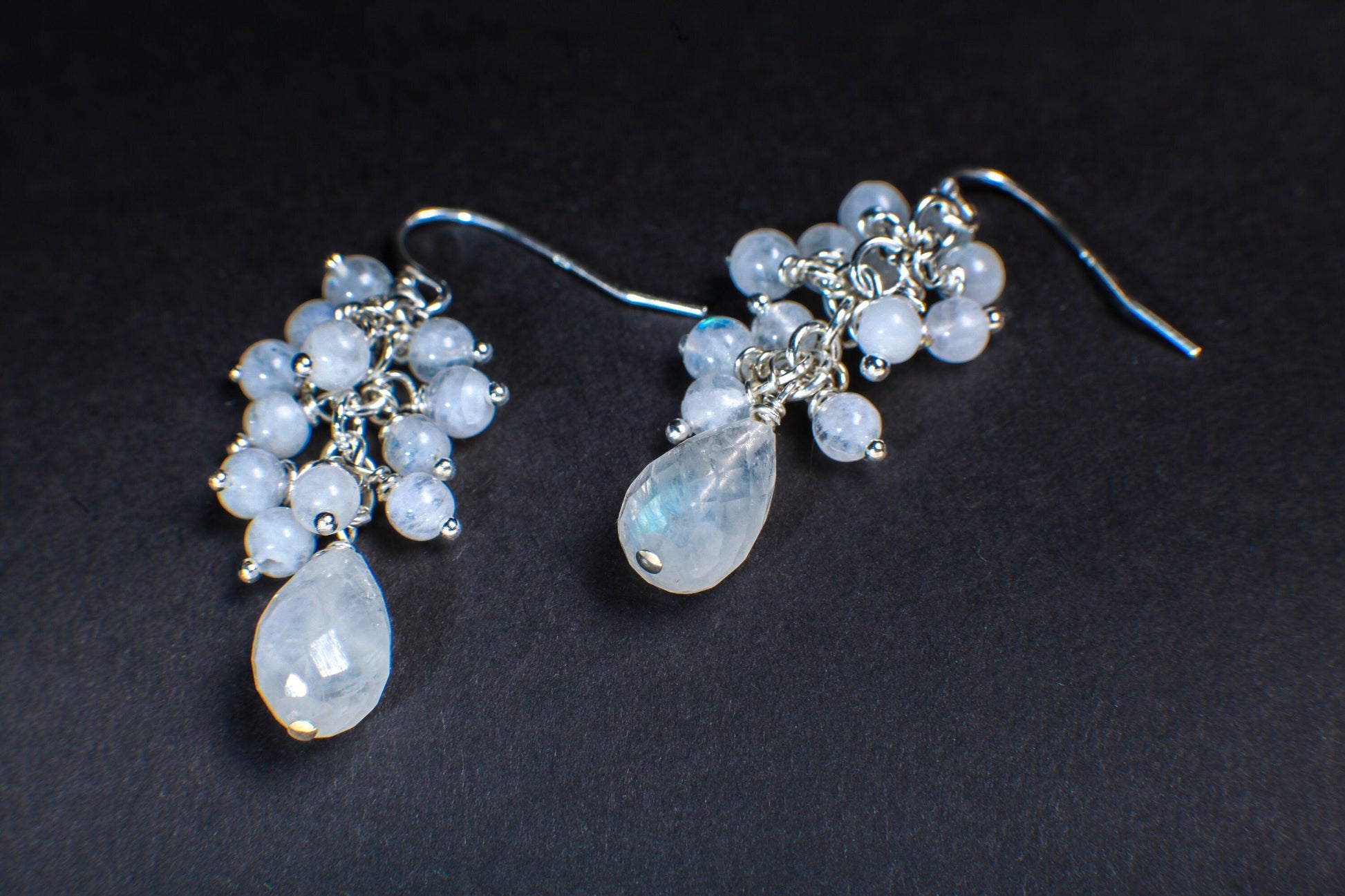 Moonstone Earrings Briolette Teardrop Accents with Moonstone Clusters in 925 Sterling Silver Ear Wire, Gemstone Stateme Earring Bridal Gift