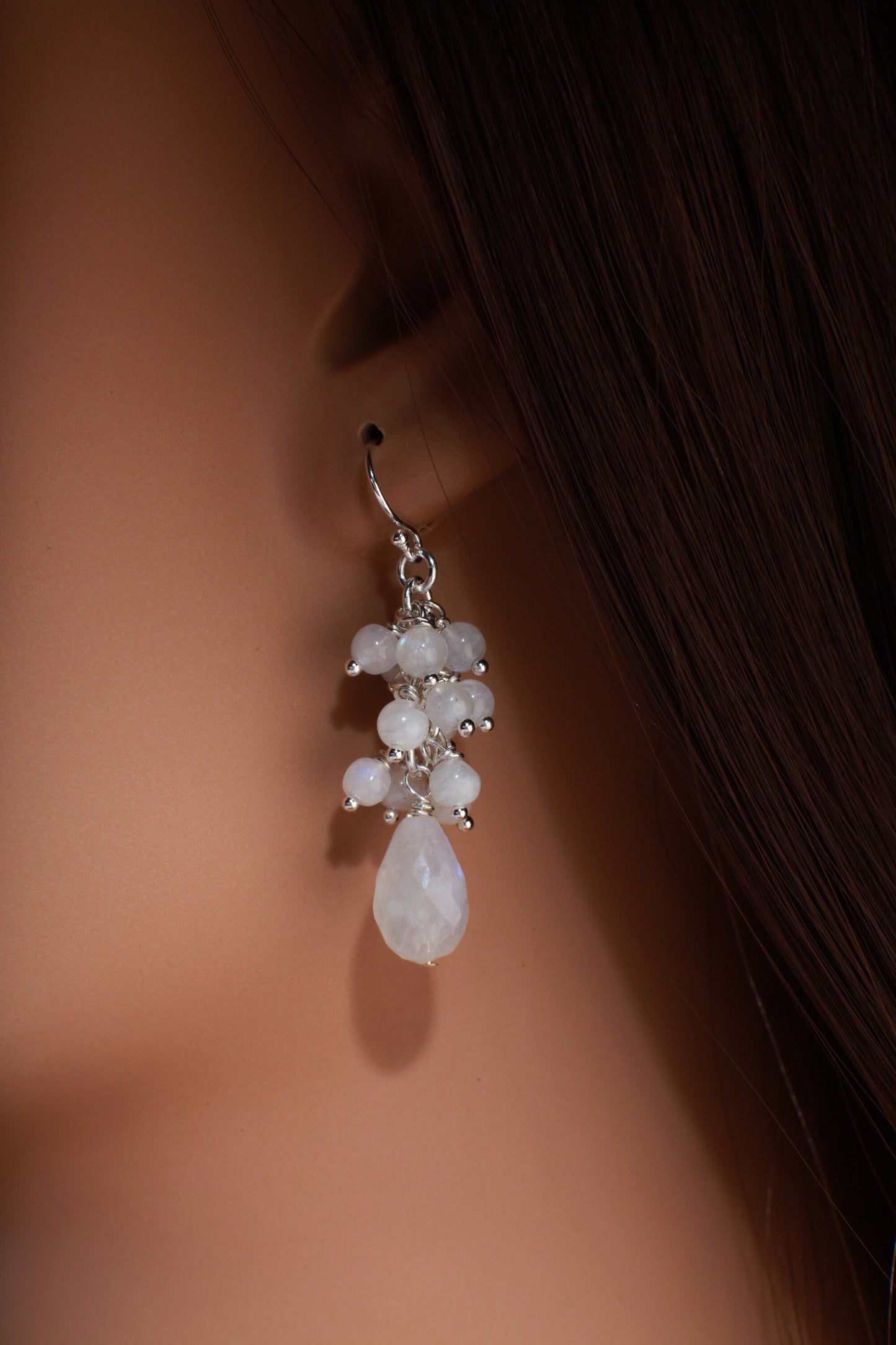 Moonstone Earrings Briolette Teardrop Accents with Moonstone Clusters in 925 Sterling Silver Ear Wire, Gemstone Stateme Earring Bridal Gift
