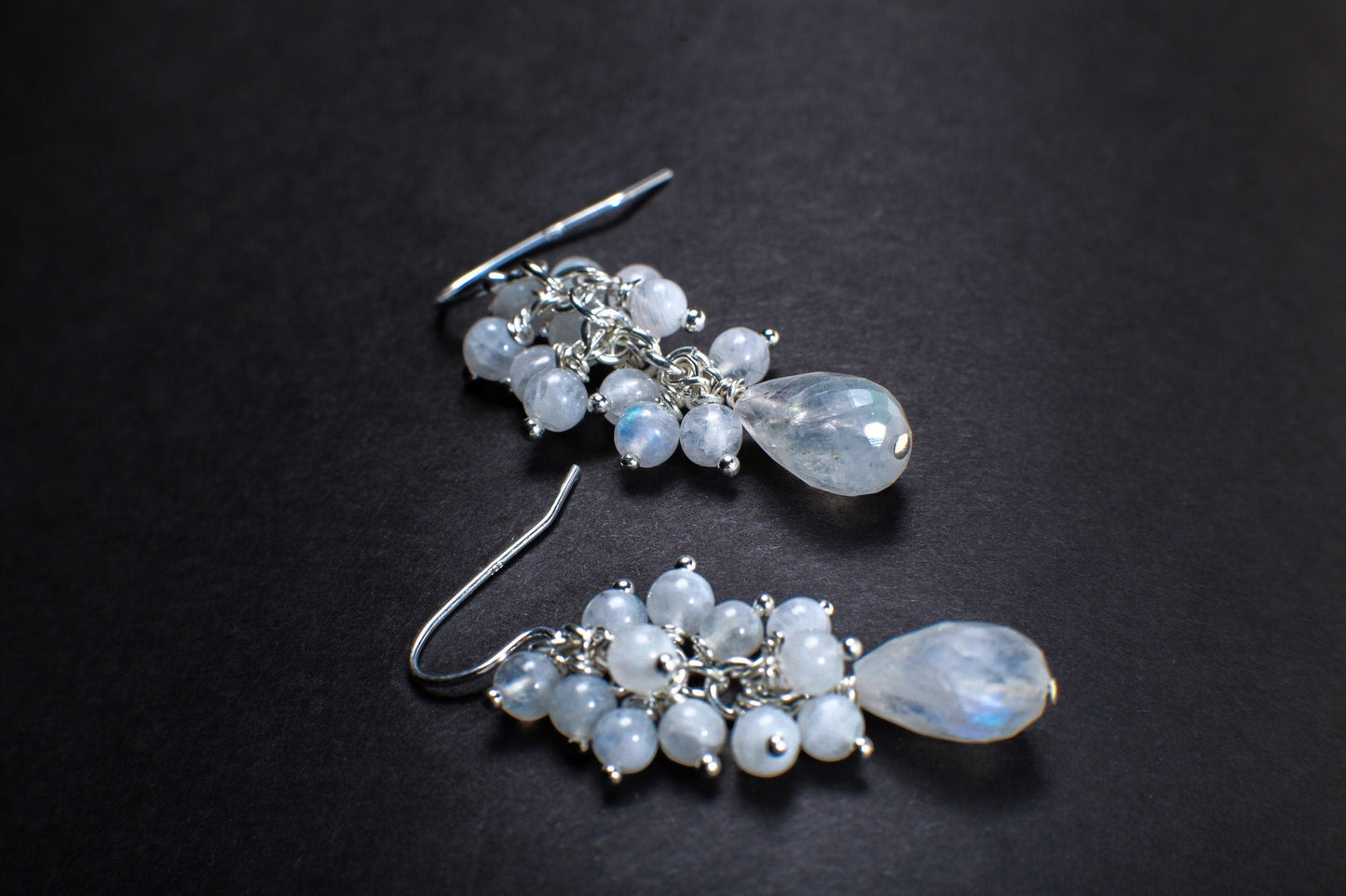 Moonstone Earrings Briolette Teardrop Accents with Moonstone Clusters in 925 Sterling Silver Ear Wire, Gemstone Stateme Earring Bridal Gift