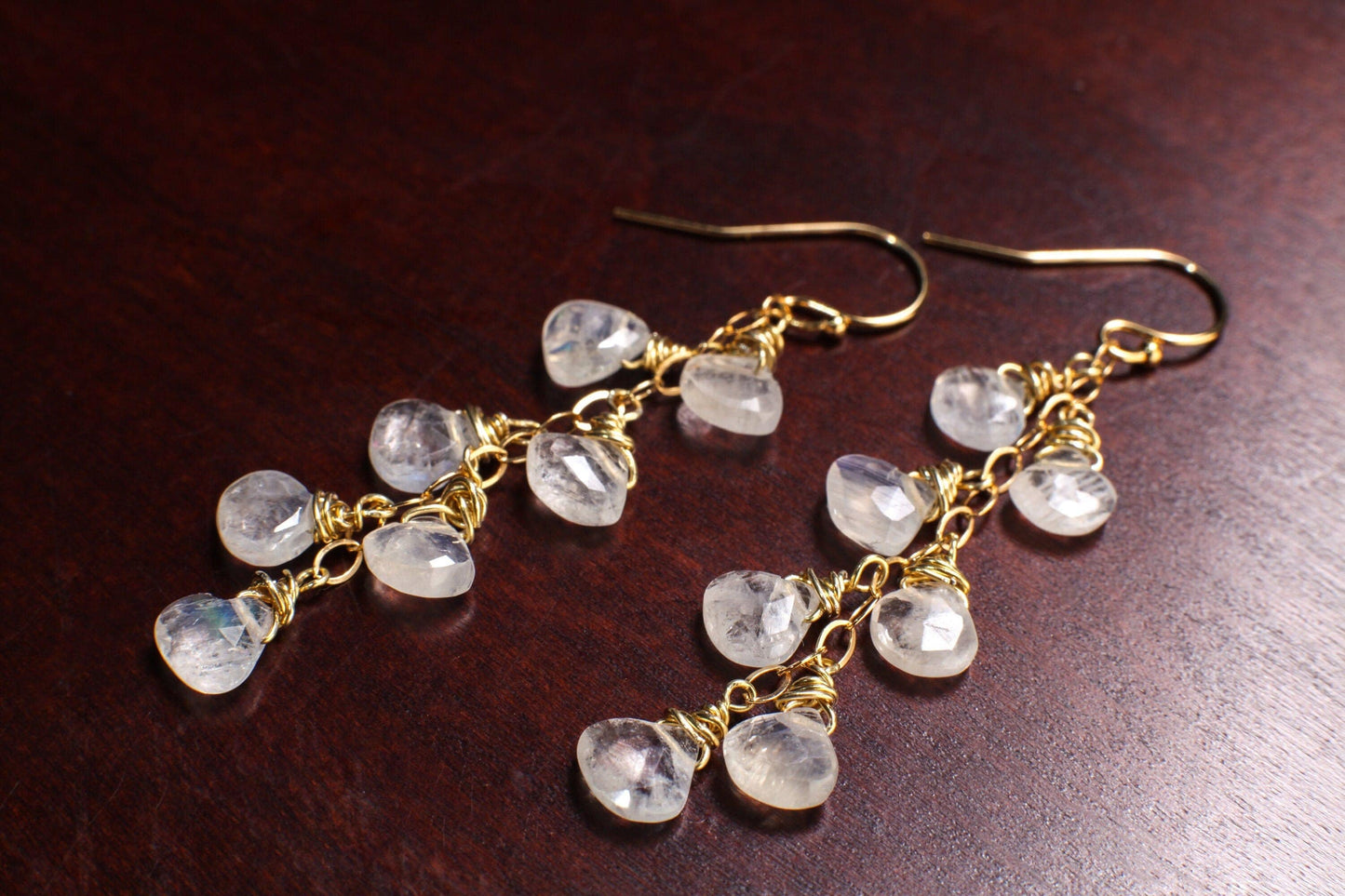 Rainbow Moonstone Faceted Heart Teardrop 14K Gold Filled Cascade Earrings, Handmade wire wrap natural Gemstone Bridal June birthdtone Gift