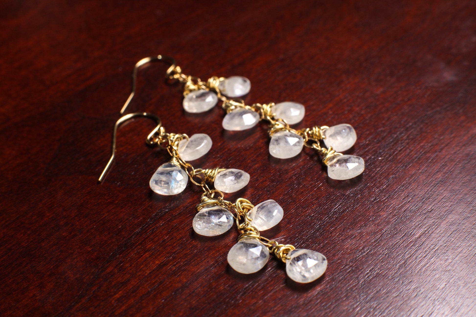 Rainbow Moonstone Faceted Heart Teardrop 14K Gold Filled Cascade Earrings, Handmade wire wrap natural Gemstone Bridal June birthdtone Gift