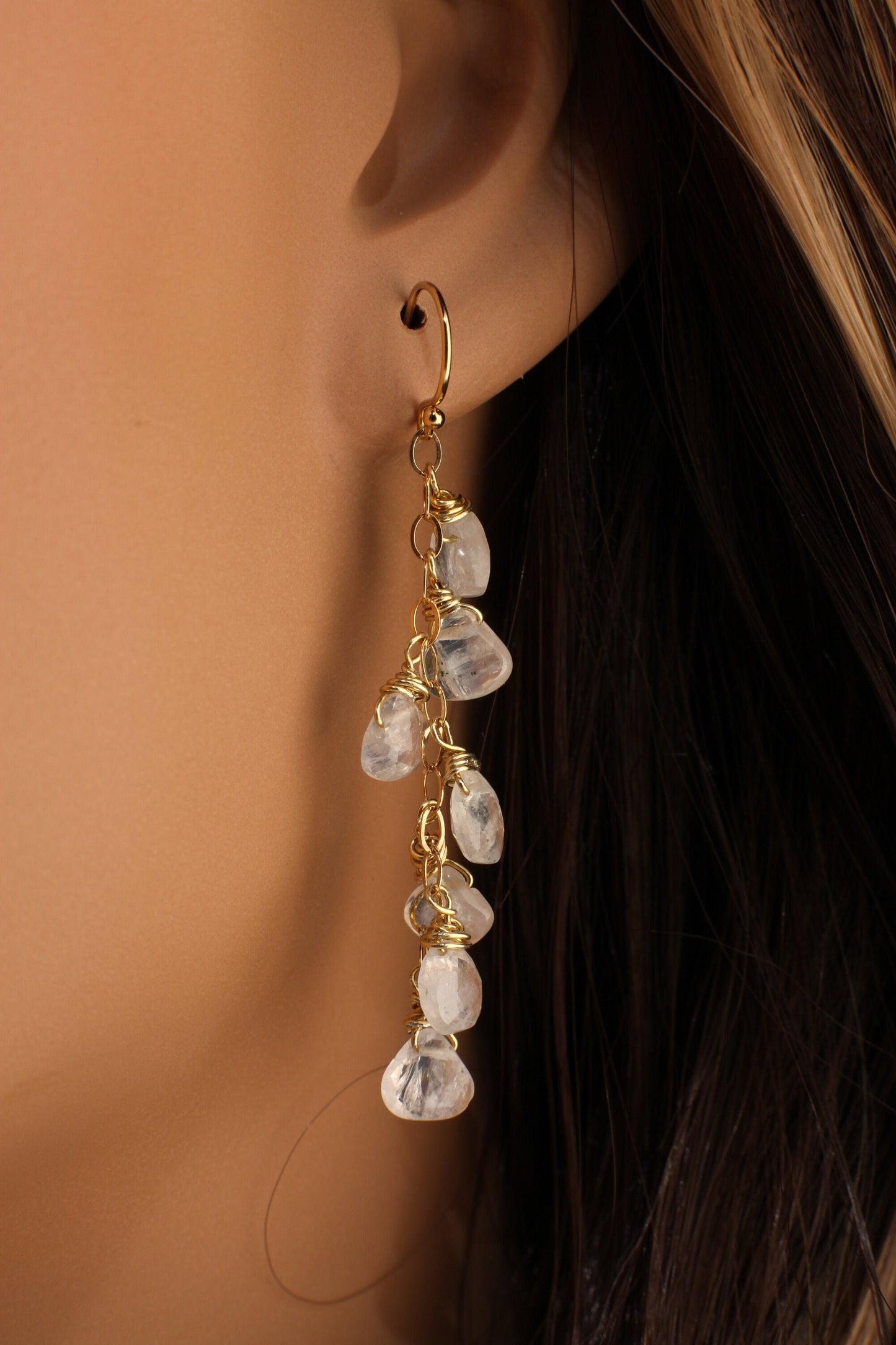 Rainbow Moonstone Faceted Heart Teardrop 14K Gold Filled Cascade Earrings, Handmade wire wrap natural Gemstone Bridal June birthdtone Gift