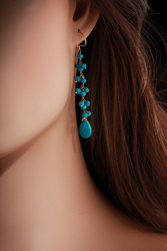 Genuine blue Turquoise Wire Wrapped dangling sleeping beauty tear drop,gold vermeil long earring.
