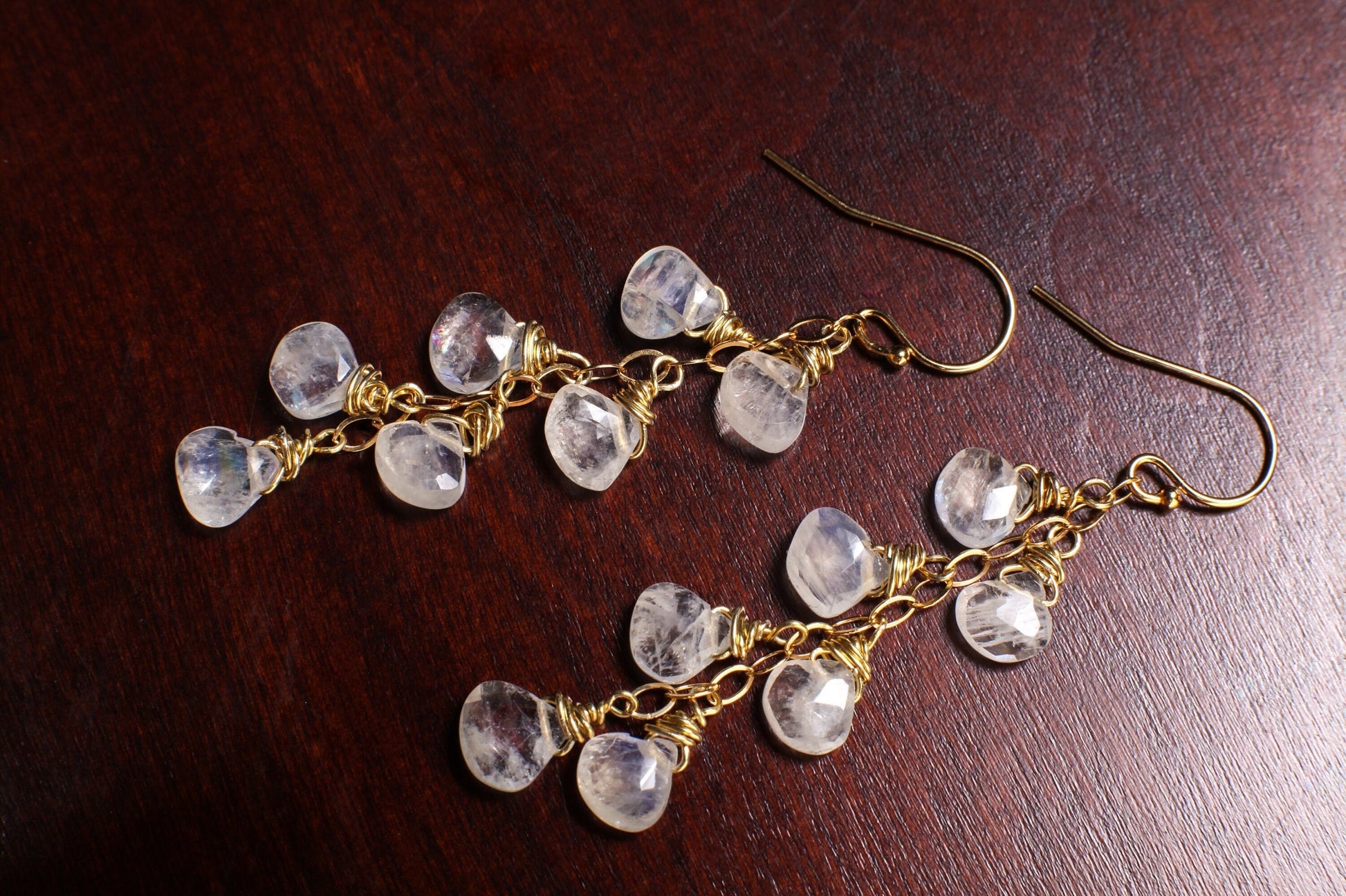 Rainbow Moonstone Faceted Heart Teardrop 14K Gold Filled Cascade Earrings, Handmade wire wrap natural Gemstone Bridal June birthdtone Gift