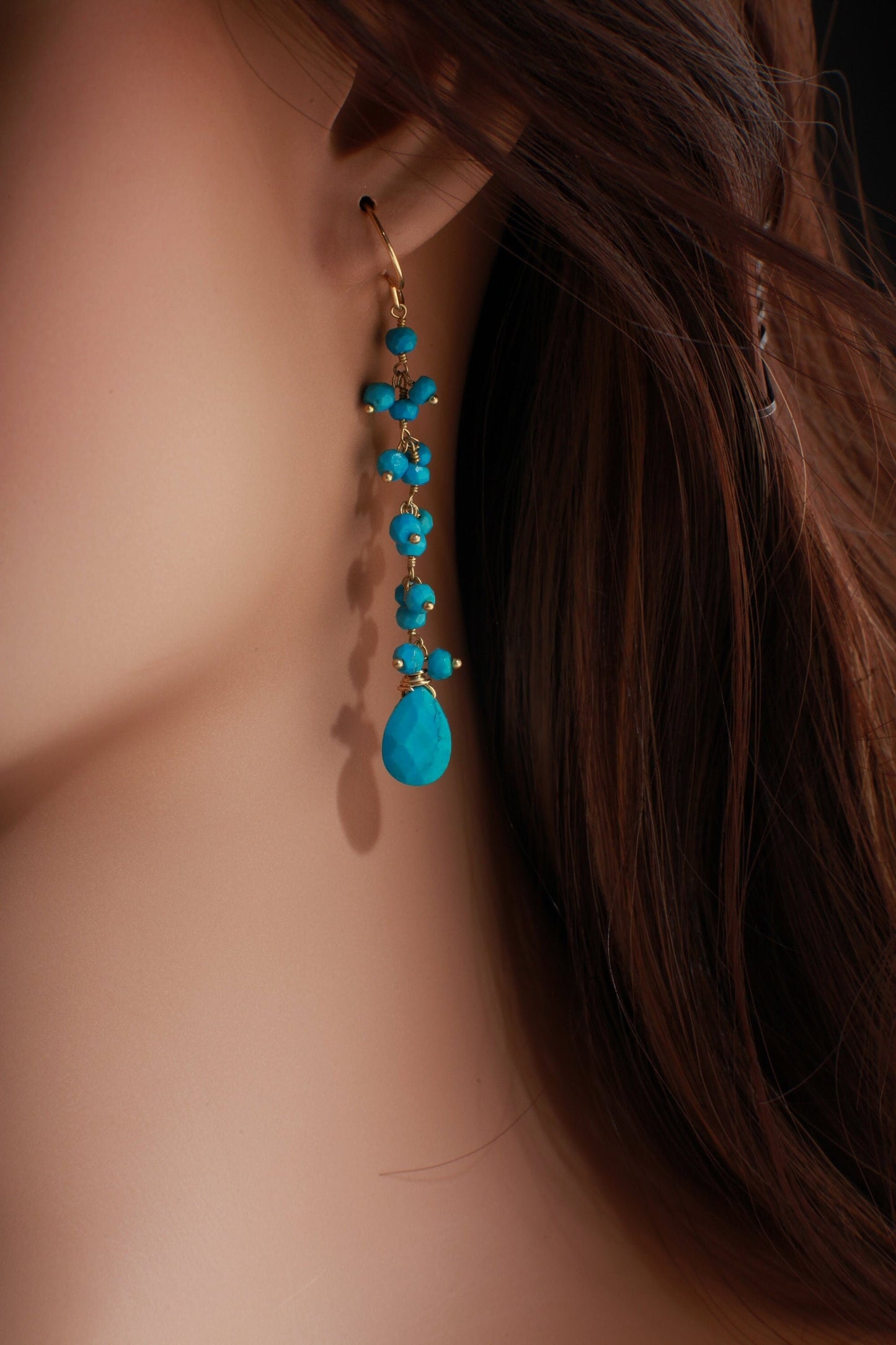 Genuine blue Turquoise Wire Wrapped dangling sleeping beauty tear drop,gold vermeil long earring.