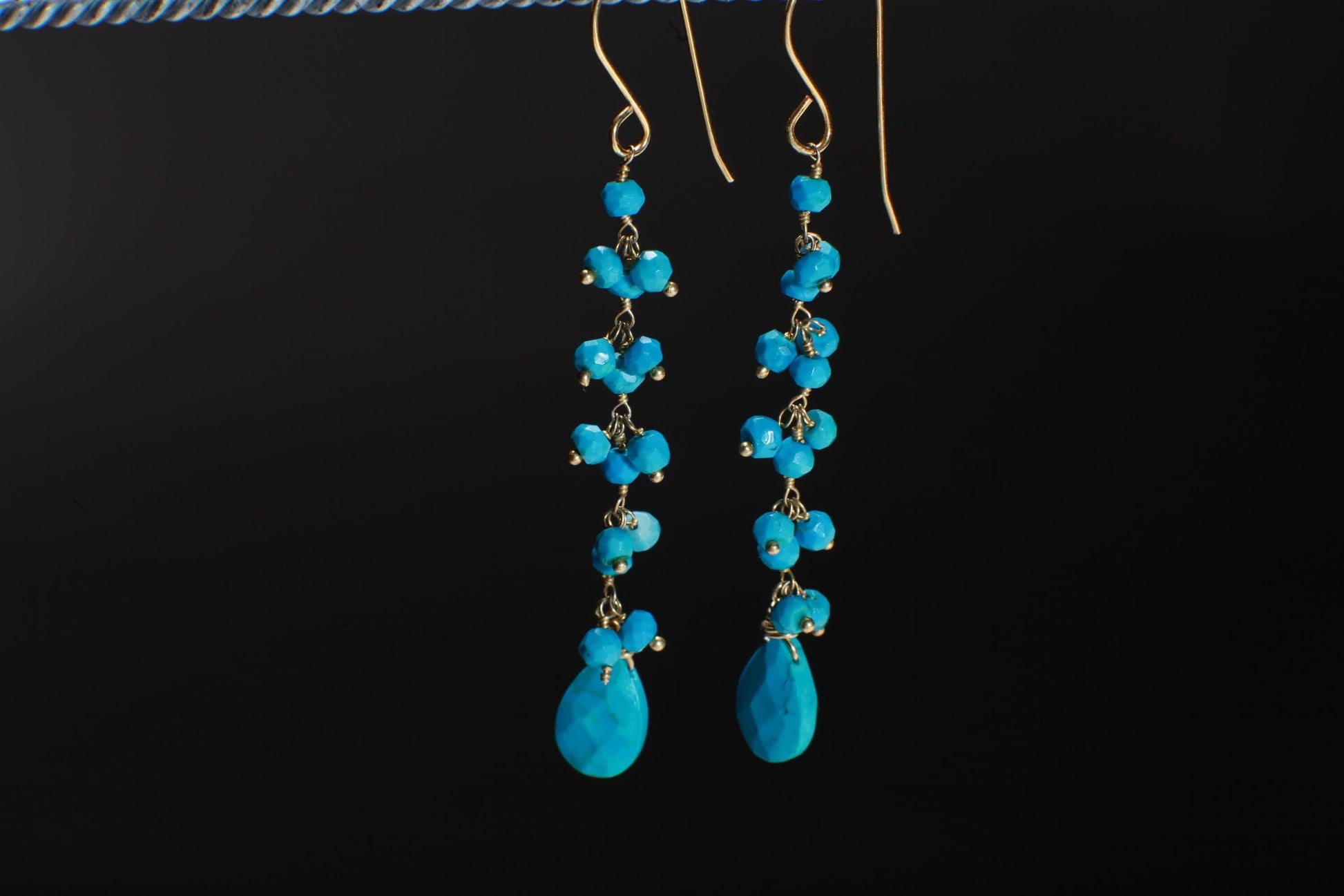 Genuine blue Turquoise Wire Wrapped dangling sleeping beauty tear drop,gold vermeil long earring.