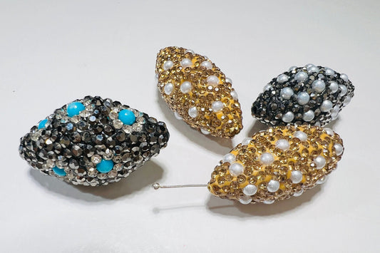 Pearl and Turquoise with Gold & Black Crystal Pave Rhinestone Handmade Fancy Focal Bead, 30-35mm Long, 1 pc, Jewelry Making Bling Bead